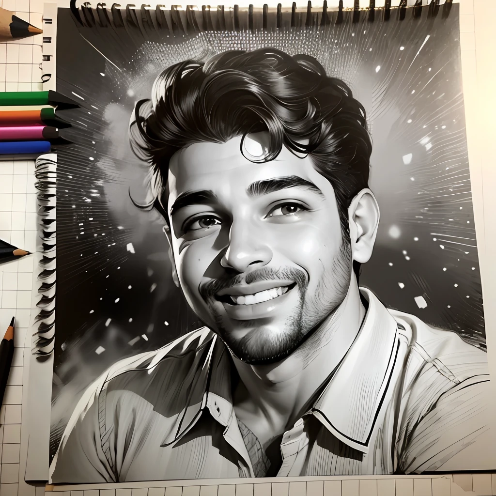 a black and white drawing of a smiling man, by Bouchta El Hayani, detailed illustration portrait, by Fathi Hassan, portrait isometric drawing, pencil drawing illustration, medium: black pencil, amr elshamy, pencil drawing, portrait drawing, professional portrait drawing, smiling in heaven, pencil painting, mohamed reda, by Ahmed Yacoubi --auto --s2