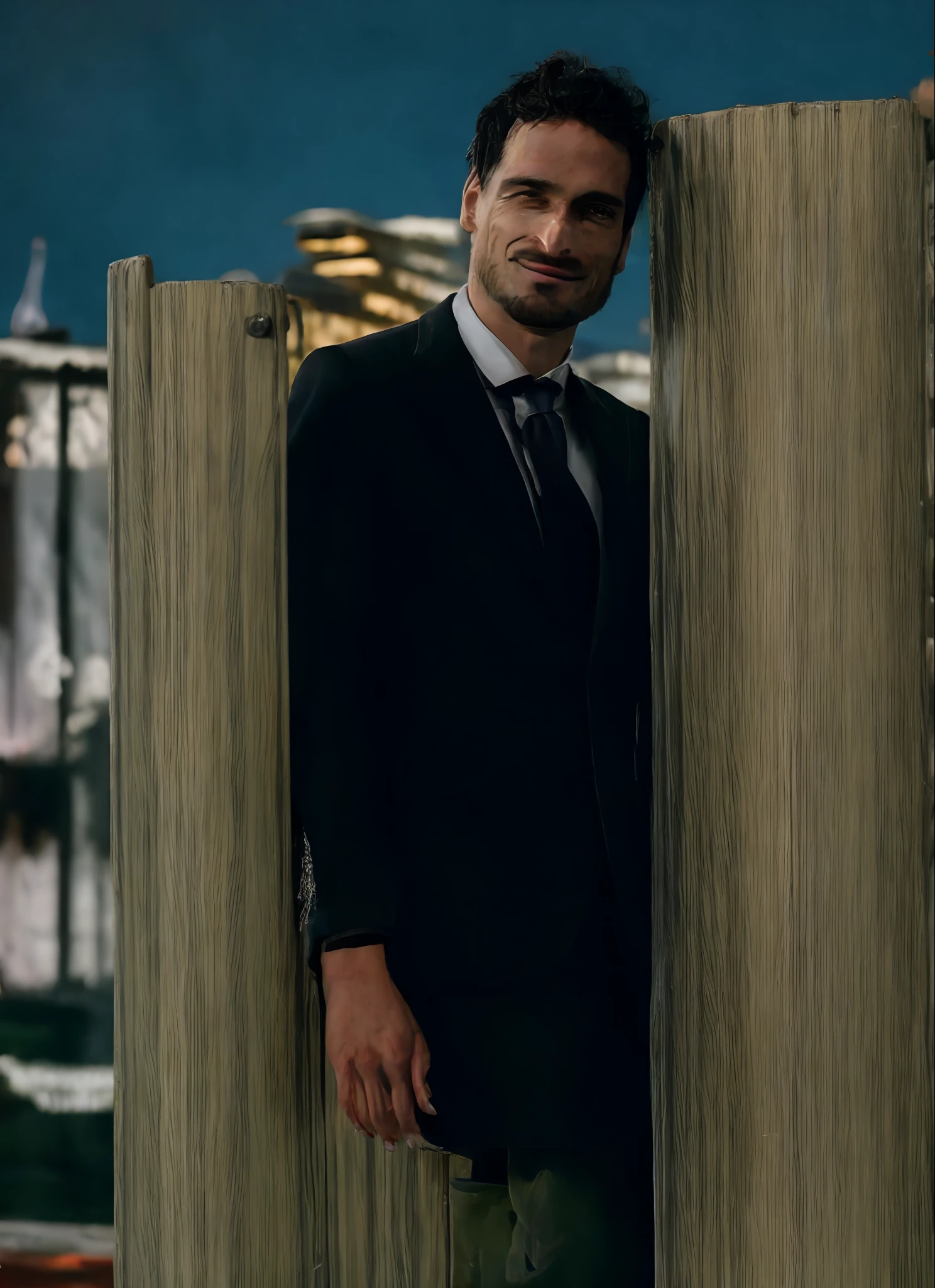 raw photo, man , (collar shirt), (black suit ), tie, looking over London at night, cinematic blue lighting, 8K, RAW, HD, stunning masterpiece, closeup, portrait, masculine features, male complexion, detailed face, detailed eyes
