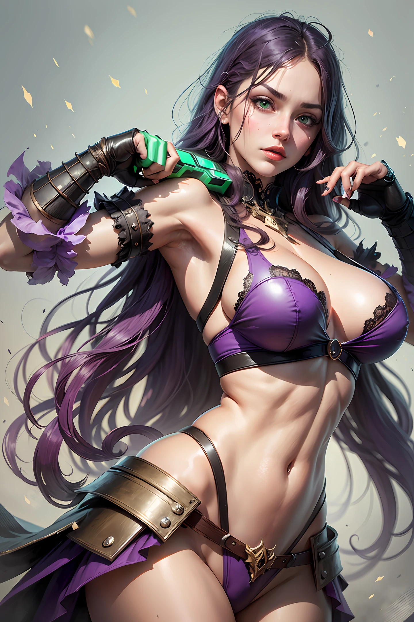 female demon hunter, realistic, double guns, purple long straight hair, green eyes --auto --s2