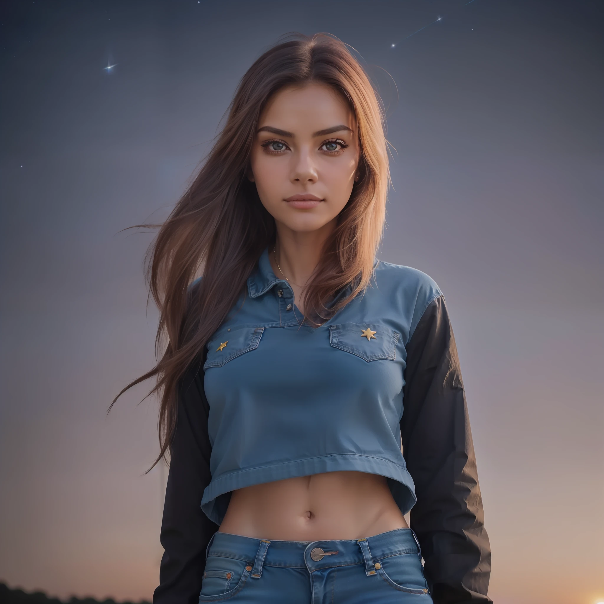 foto da parte superior do corpo de uma jovem menina italiana de 20 anos, neotenia, cabelo ondulado longo com franja, mechas azuis, olhos azuis, pele natural, 8k uhd, alta qualidade, grain of film, pale skinned, olhar sereno, ((rosto detalhado limpo)), (pele finamente detalhada) obra-prima, melhor qualidade, ultradetalhada, solo, nas ruas de uma cidade cyberpunk, (noite), luzes de neon, carros voadores, (estrelas) Purple sky, feliz, casaco de couro, Denim Jeans Pants, luvas, roupa preta, soturno, sombras, contraste, starly sky, estilo , (clima frio), (perfect aspect ratio) (foto realista) (melhor qualidade) (detalhado), ((Ultra Definition)) ((ultrarrealista)) (papel de parede)