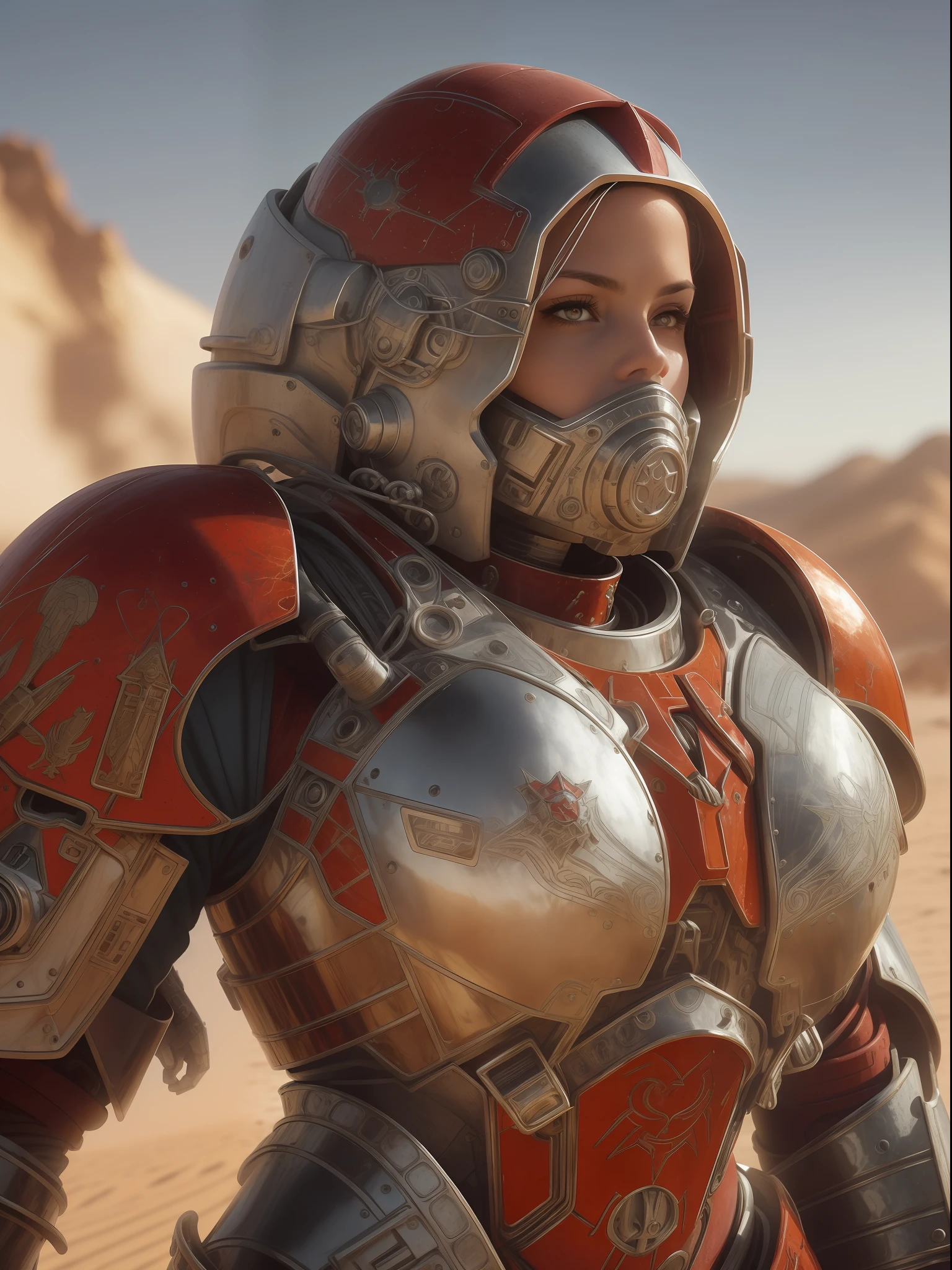 digital Portrait of a Space Marine woman, pronounced feminine feature, silver alloy metal and red heavy armour, in the desert, detailed, cinematic composition, power armour, intricate details, eerie, highly detailed, 8k, art by artgerm and greg rutkowski and alphonse mucha, poor quality photo, blurry, reflective metal, 4k, 8k