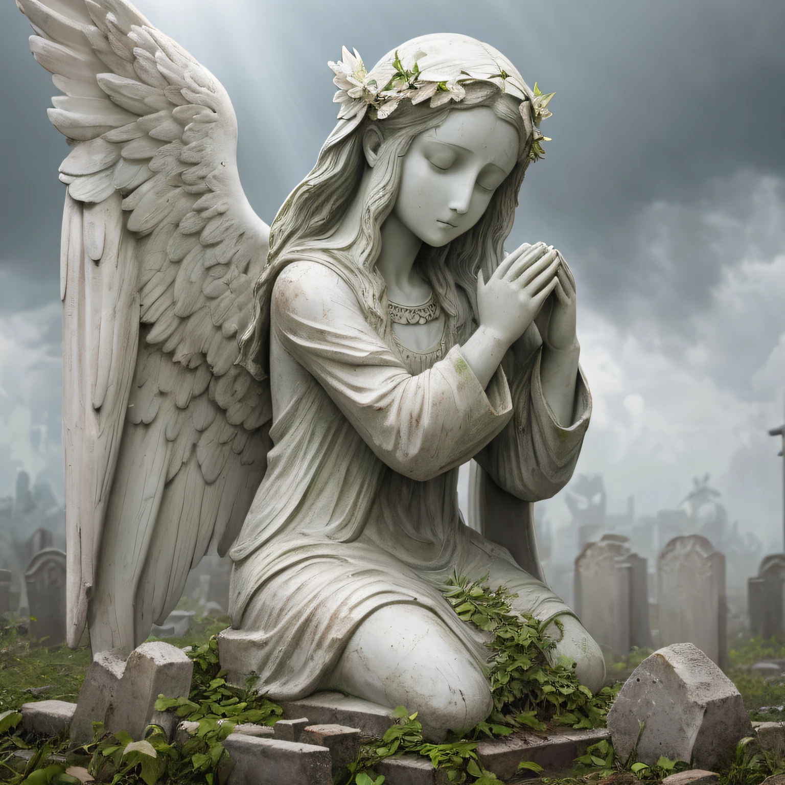 [angel statue on a postament:angel:0.2], praying woman stone statue, [hands closed in prayer], [(angelic wings), robe::0.2], [[overgrowth vegetation]:((overgrowth vegetation)):0.2], serene beautiful face, [overcast sky, god rays:(god rays):0.4], [deserted graveyard ruins, forsaken monastery, forged fence:broken gravestones, (crumbling ruins), (desolation):4], raw photo, Fujifilm XT3, Canon EOS R5, sharp focus, depth of field, [pale colors:ultra detailed, high contrast:0.4]