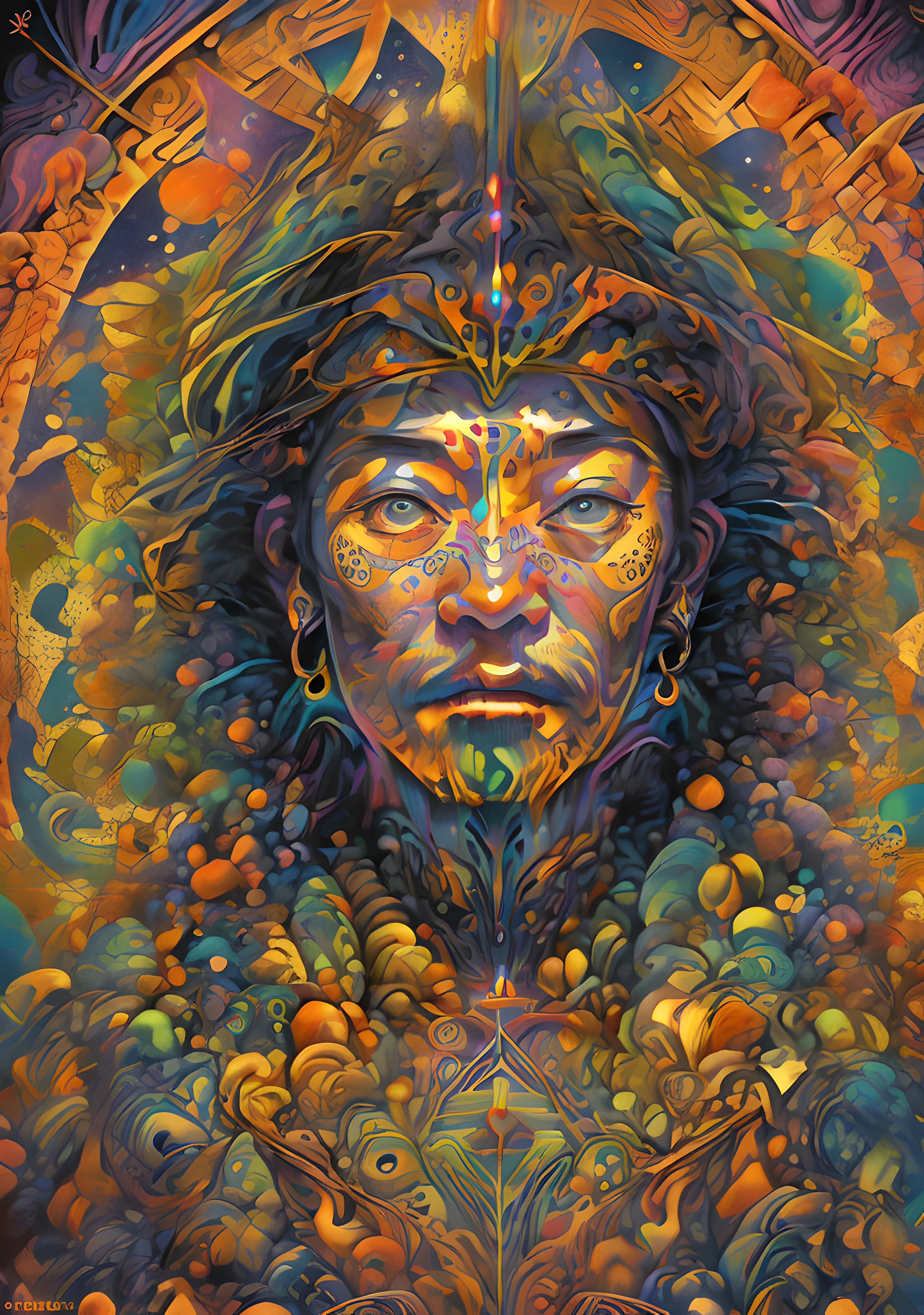 (High resolution, incredibly detailed, masterpiece), portrait of Gedhun Choekyi Nyima ,panchen lama, featuring fractal geometry in (vibrant colors:0.8), set against a (galactic background:1.2), bringing together complex, mesmerizing shapes and patterns.dmt .