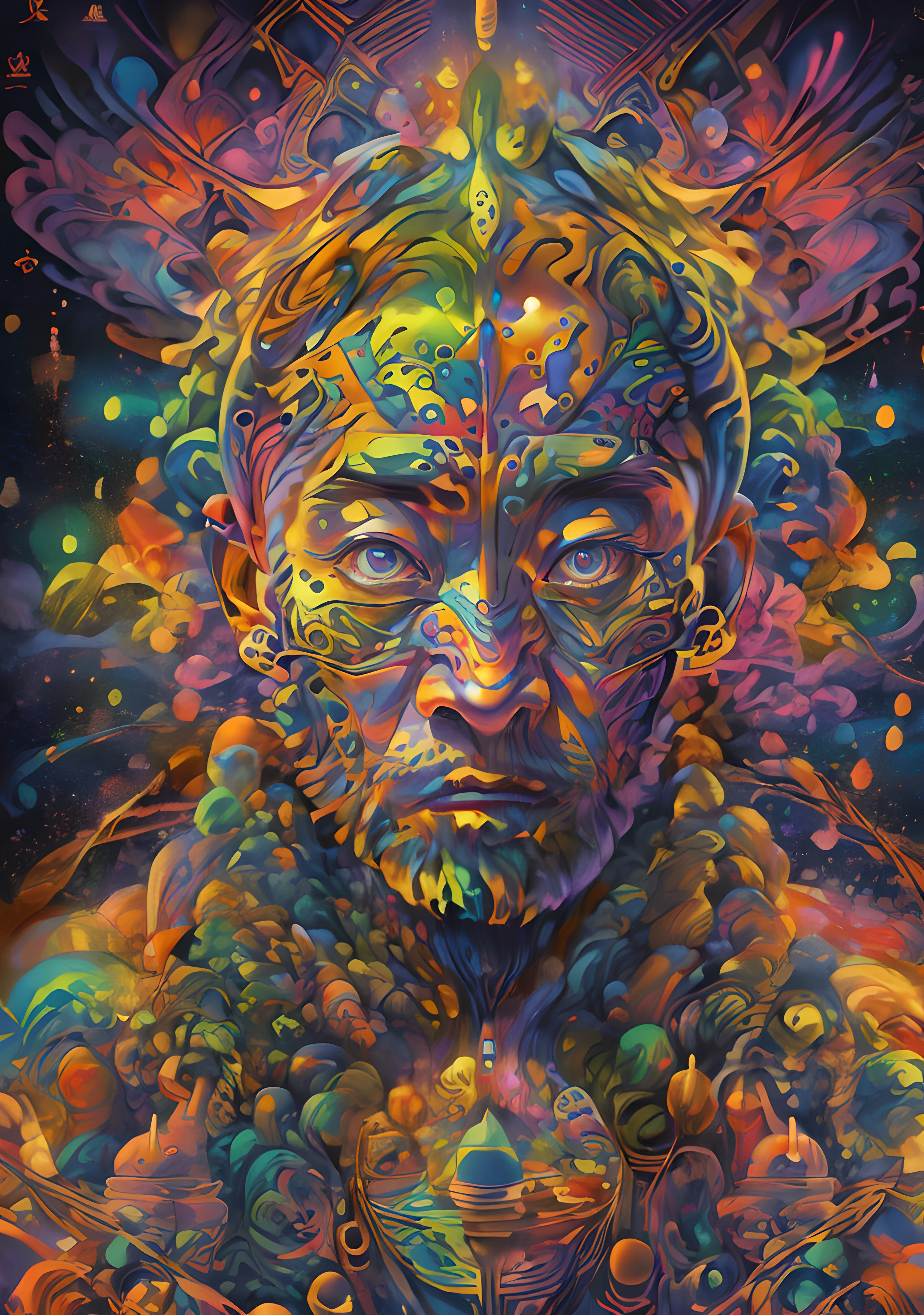 (High resolution, incredibly detailed, masterpiece), portrait of Gedhun Choekyi Nyima ,panchen lama, featuring fractal geometry in (vibrant colors:0.8), set against a (galactic background:1.2), bringing together complex, mesmerizing shapes and patterns.dmt .