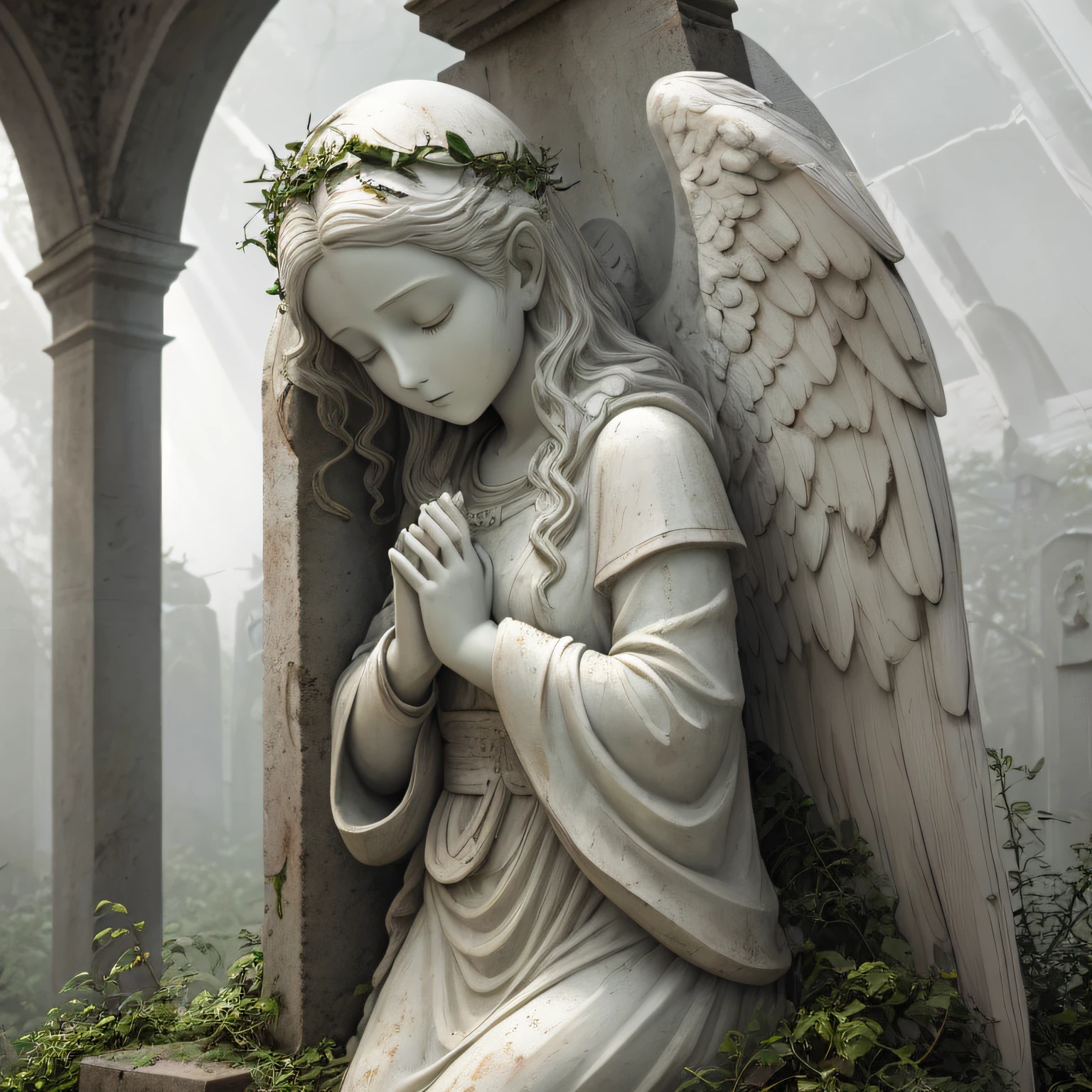 [angel statue on a postament:angel:0.2], praying woman stone statue, [hands closed in prayer], [(angelic wings), robe::0.2], [[overgrowth vegetation]:((overgrowth vegetation)):0.2], serene beautiful face, [overcast sky, god rays:(god rays):0.4], [deserted graveyard ruins, forsaken monastery, forged fence:broken gravestones, (crumbling ruins), (desolation):4], raw photo, Fujifilm XT3, Canon EOS R5, sharp focus, depth of field, [pale colors:ultra detailed, high contrast:0.4]