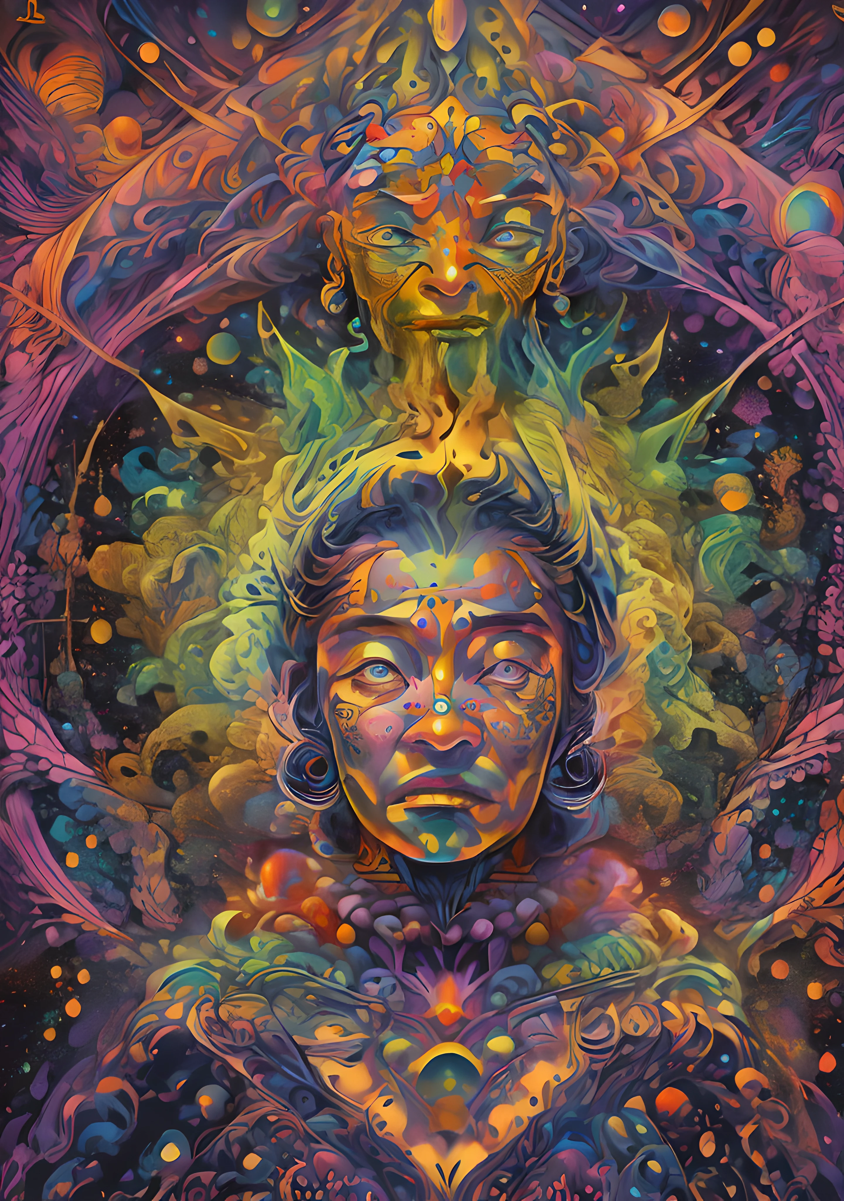 (High resolution, incredibly detailed, masterpiece), portrait of Gedhun Choekyi Nyima ,panchen lama, featuring fractal geometry in (vibrant colors:0.8), set against a (galactic background:1.2), bringing together complex, mesmerizing shapes and patterns.dmt .
