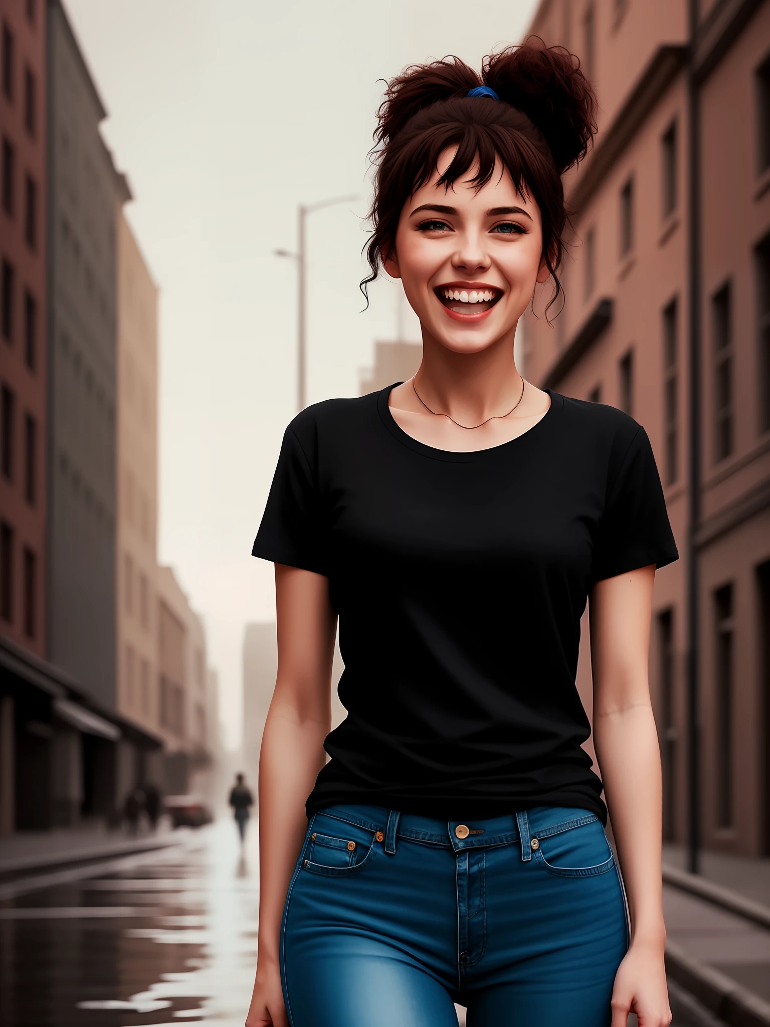 a young woman, in black round neck plain Tee-shirt, tight jeans, street, laughing, black ponytails, (hdr:1.3), (muted colors:1.2), dramatic, complex background, cinematic, filmic, (rutkowski, artstation:0.8), soaking wet