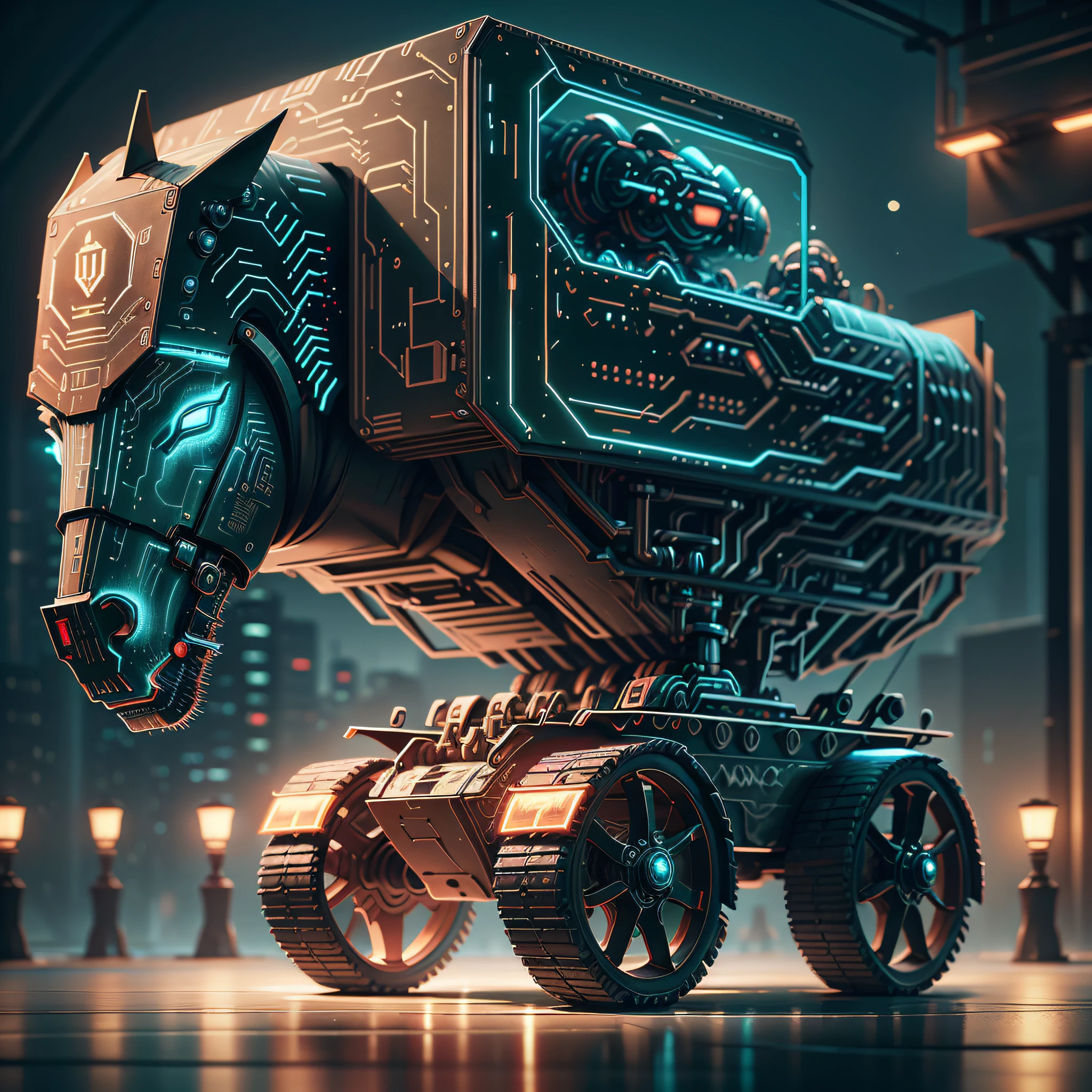 Future robot horse with wagon modern machine cover and glass,luz Led vermelho em 2070 cyberpunk na cidade de nova york nos estados unidos,fantasia,octane render,maxon cinema 4D, Adobe Substance 3D Painter,ilustrador estilo HQ, --auto