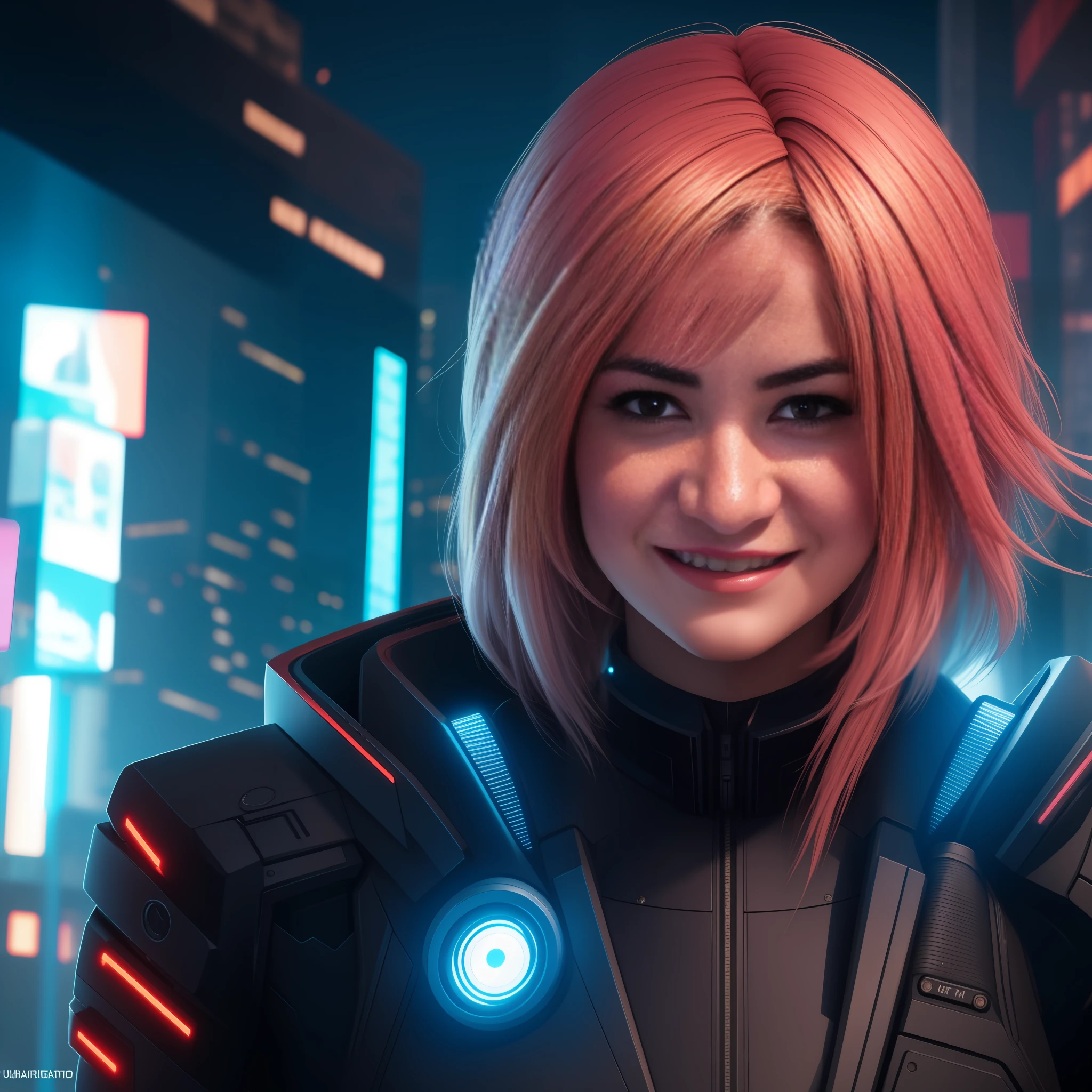 mulher sorridente de cabelos compridos, Facing the camera squarely, cinematico, 8k, UHD, cyberpunk, ultrarealista, Arte Digital 4K