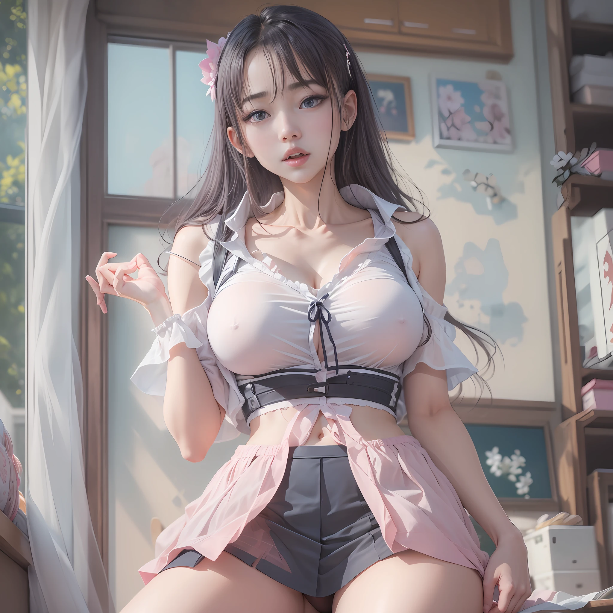 masterpiece, bset quality, realisitic, girl with, (pureerosface_v1:0.7), (in 8K, top-quality), a miniskirt, 夏天、Hot、lightly dressed、Disturbed clothing、See-through clothes、Chest protrusion、Young Face、a beauty girl、Schools、Open your legs and show off your panties、skirt by the、a miniskirt、White underwear、Colossal tits、 face、oversize breast、pink areolas,Pants are visible、Thin shirt、a small face、wide forehead、The chest is abnormally large、Sheer fabric skirt、japanes、A dark-haired、