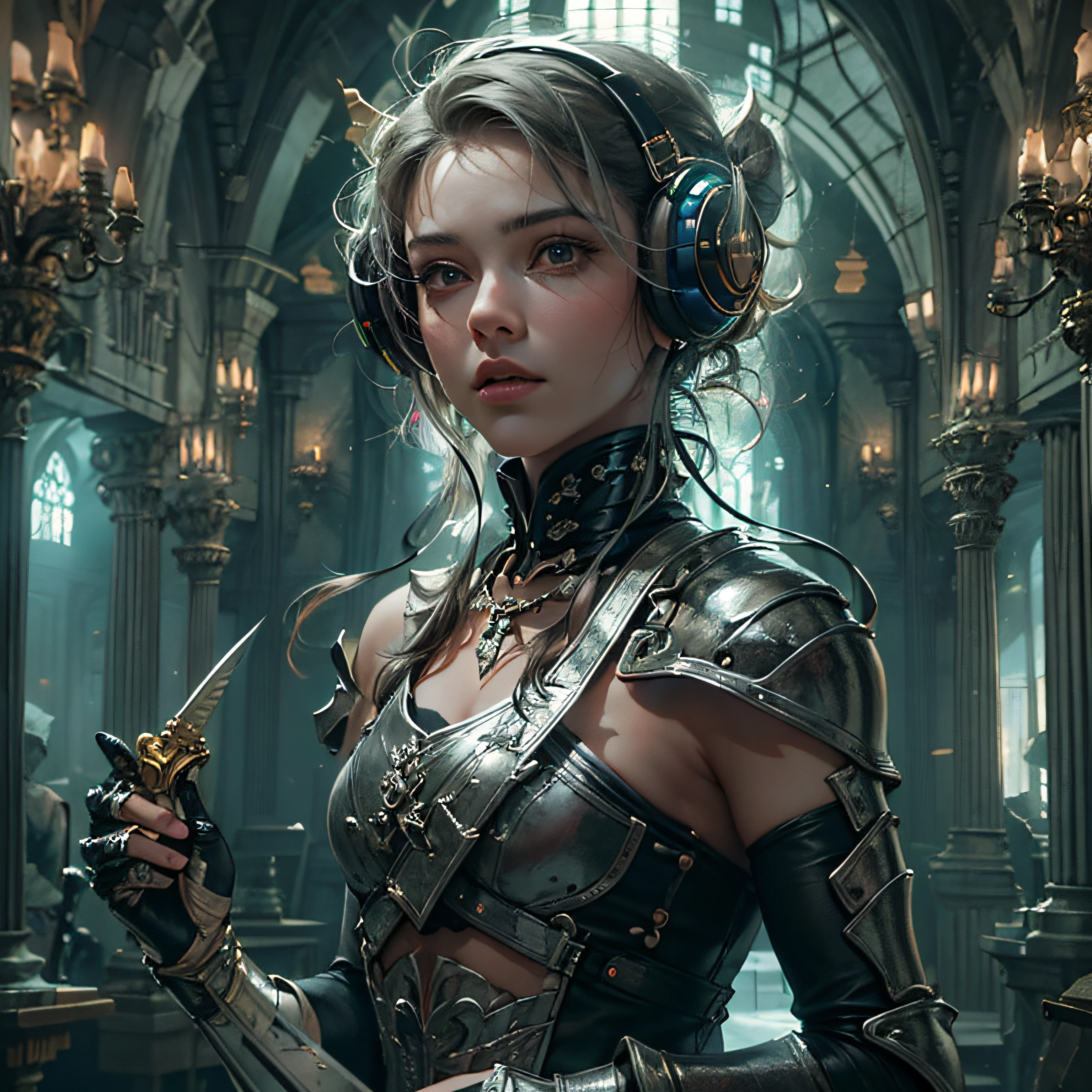8k masterpiece, wallpaper, full height body potrait of a photorealistic beautiful short silver hairstyle with pigtails and buns seductress priest-knight, wearing beautiful detailed sci-fi headphones ,beautiful, very detailed beautiful face, intricate tattoes, gwith a long two-handed sword, holding a sword in two hands, model hair, in a beautiful very detailed magic room with flying bright glowing trails of energy, choker style colar, detailed face, full body,in very detailed beautiful sexy black dark intricate armor, sexy full body, beautiful eyes, lo-fi, future, Perfectly Centred, Hyper Realistic Cover Photo, High Definition, Cinematic, Smooth, Ultra High Definition, Ultra Sharp Focus, Intricate Artwork, Masterpiece, Epic, Stunning Realistic Photograph, Intricately Detailed, Cinematic, small top, ((1 sword)), 1 sword, megapixel cinematic lighting, anti-aliasing, fkaa, txaa, rtx, ssao, post processing, post-production, tone mapping, cgi, vfx, sfx, full color, volumetric lighting, hdr, realistic, 8k --v 4 --q 2 --stylize 1000 --q 2 0000 --q 2 0000 --s 2