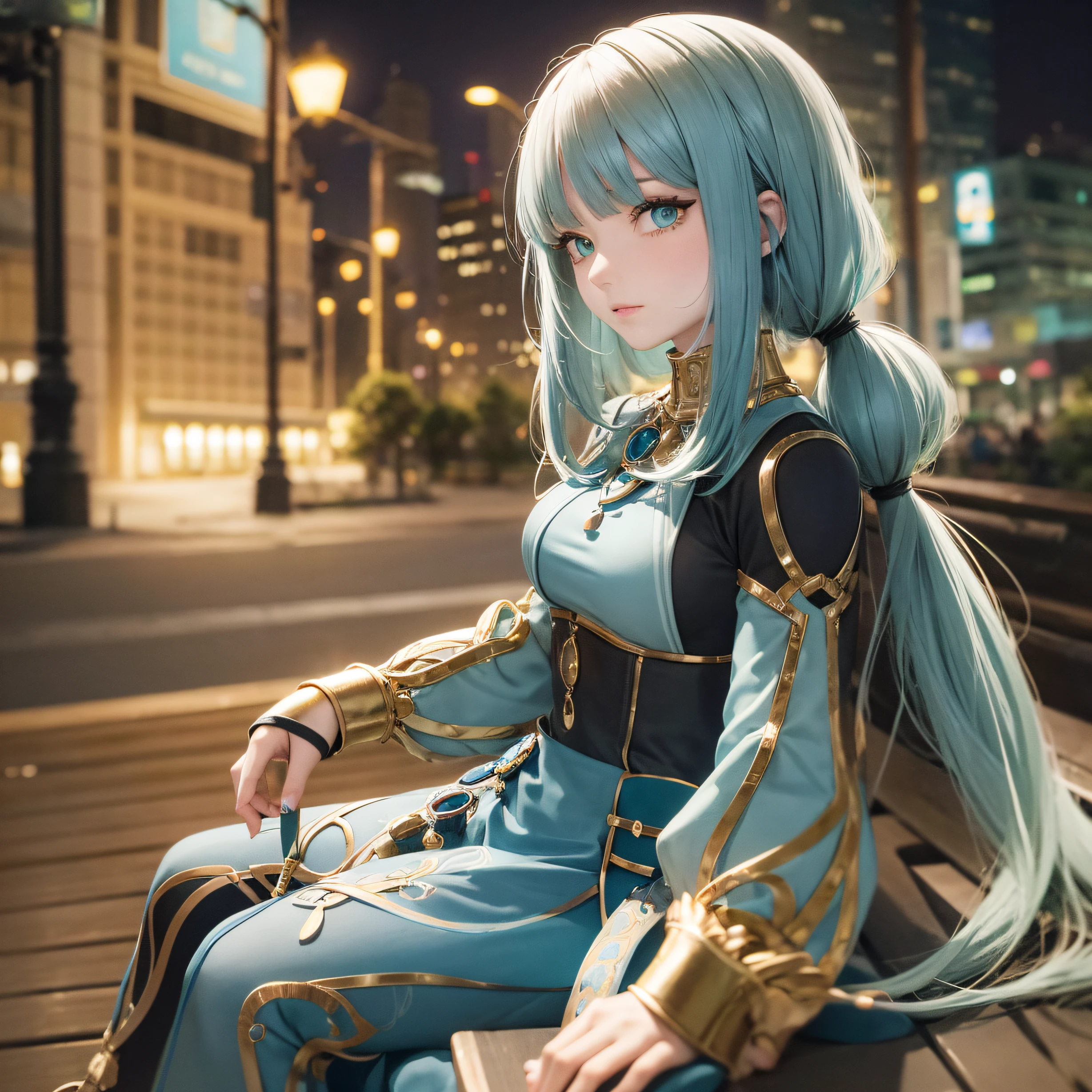 Human, two-dimensional female, blue hair, green eyes, sitting on bench, night background --auto --s2