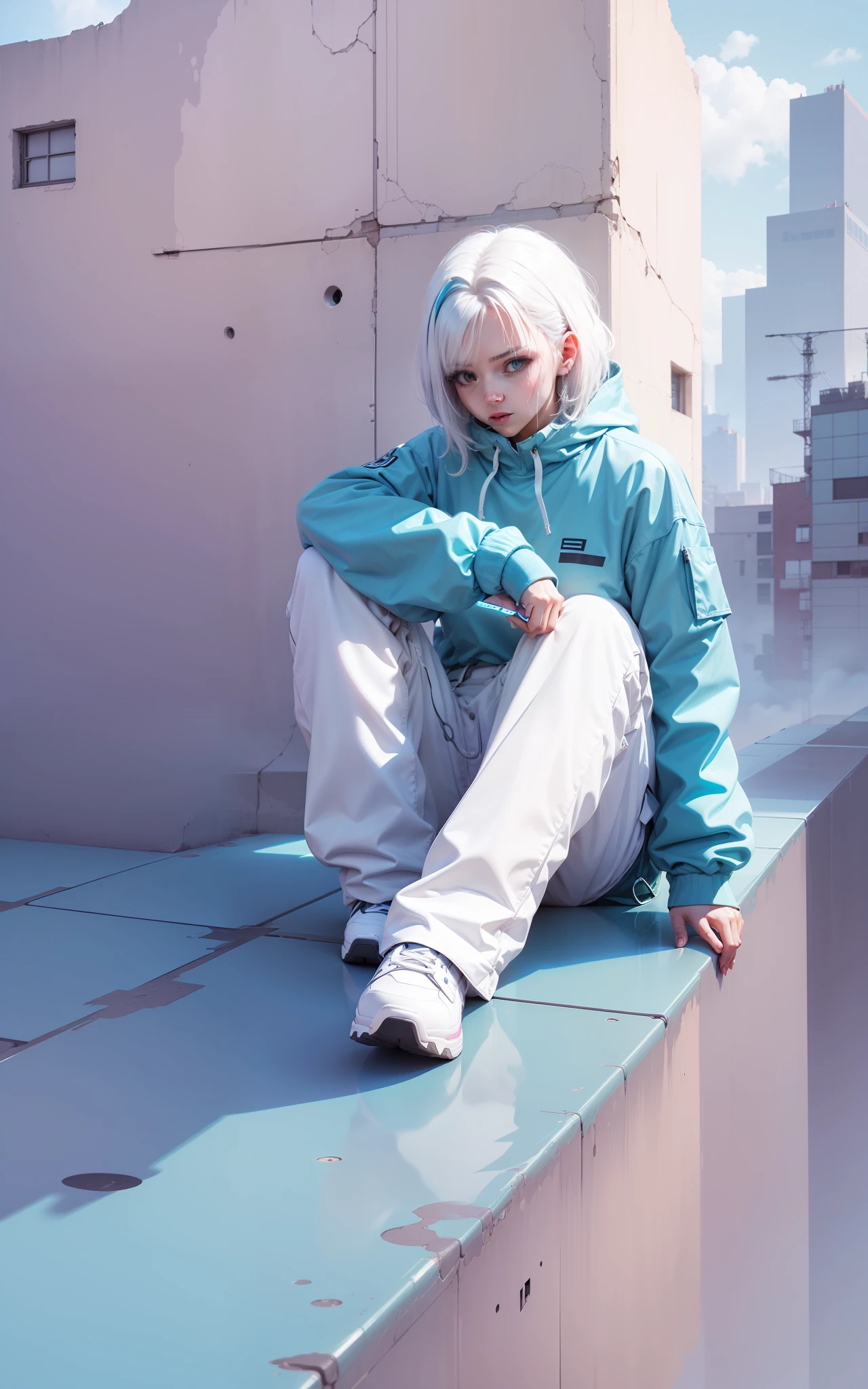 Buildings,Super detailed building,Neon lights,cyber punk perssonage,wide wide shot,Short white hair