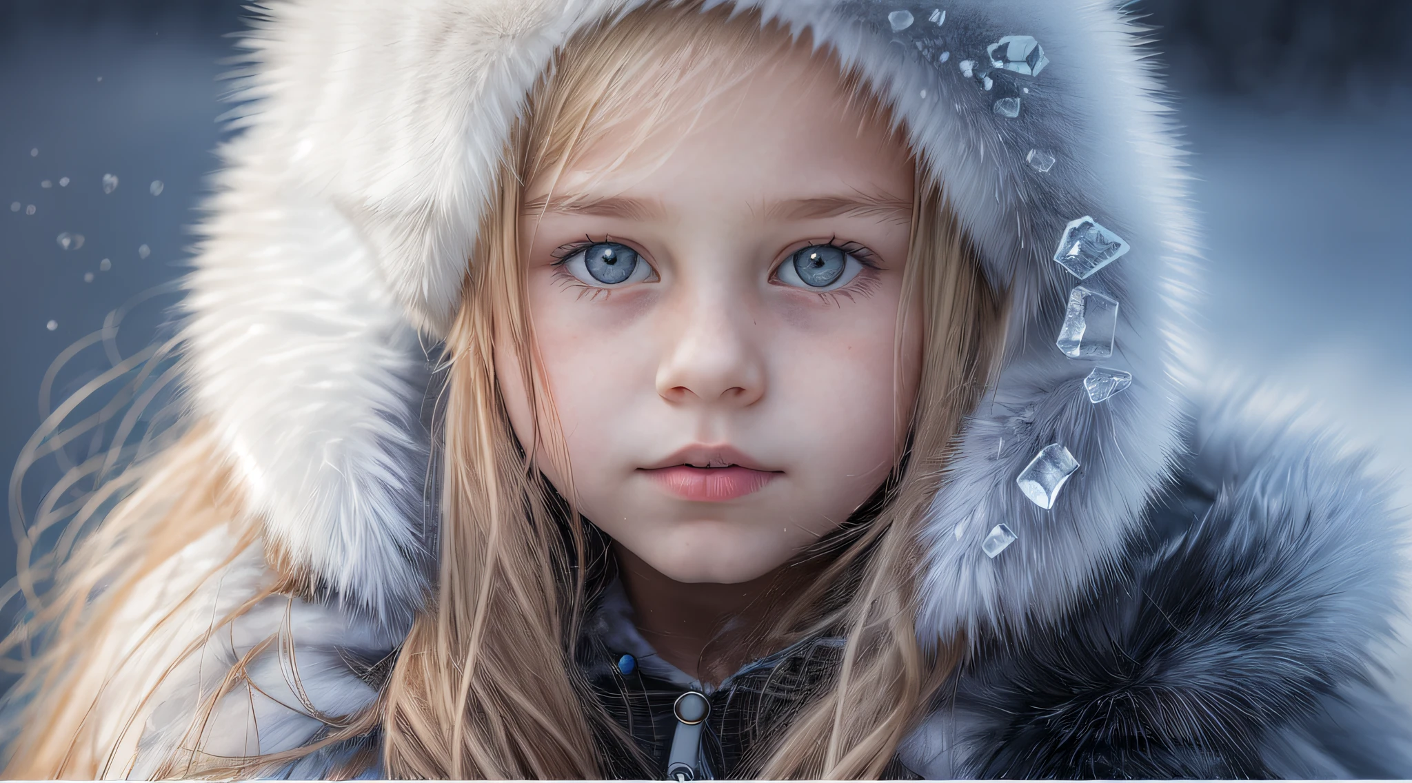 10 year old girl Russian child with long hair BLONDE, PORTRAIT, BLACK FUR COAT, ICE, ICE, LOTS OF ICE,