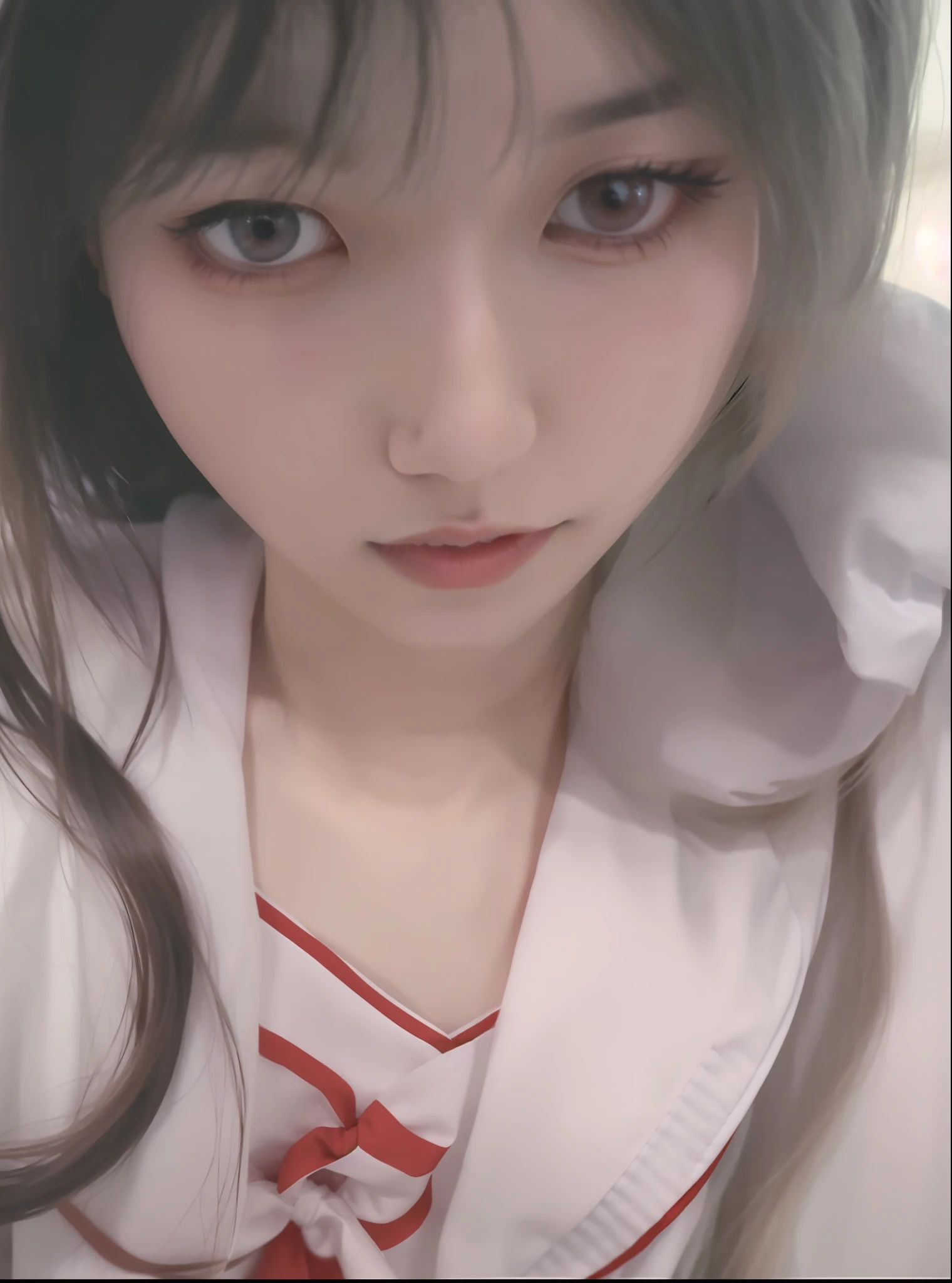 a close up of a woman with long hair wearing a white shirt, ulzzangs, Korean girl, chiho, sakimi chan, Yoshitomo Nara, 1 8 I, shikamimi, sakimichan, with cute - fine - face, Shin Jinying, Choi Hyun-hwa, girl cute-fine face