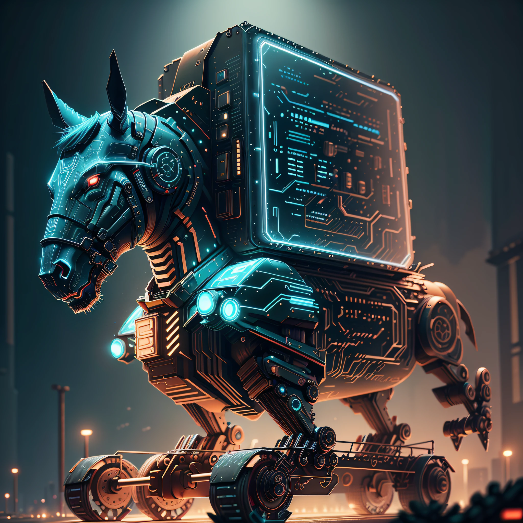 Future robot horse with wagon modern machine cover and glass,luz Led vermelho em 2070 cyberpunk na cidade de nova york nos estados unidos,fantasia,octane render,maxon cinema 4D, Adobe Substance 3D Painter,ilustrador estilo HQ, --auto