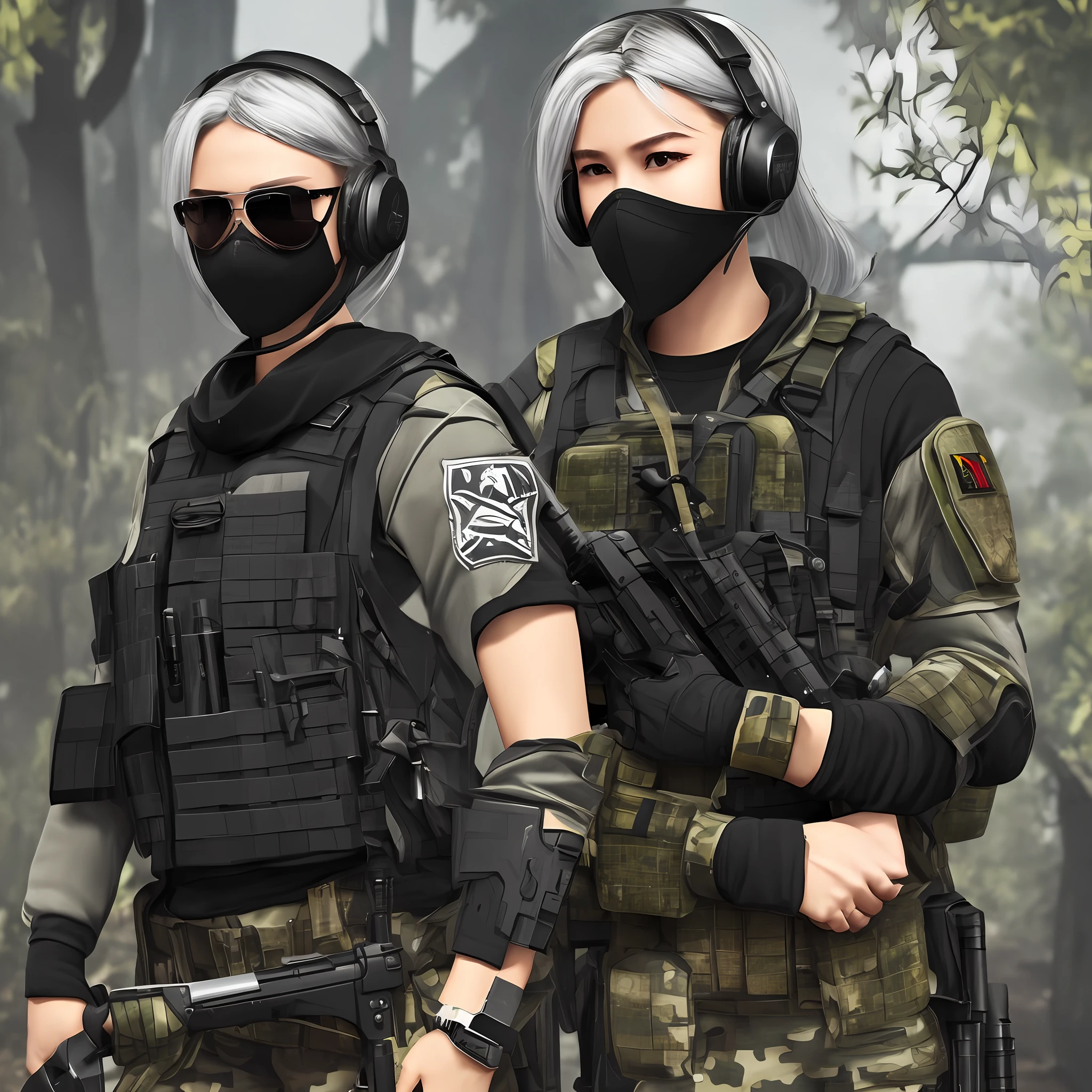 The woman holds an AK74 in her hand，Wearing a black mask、Aviator sunglasses，Dressed in a black sweatshirt and tactical body armor。She has silver hair，Also wears a pair of tactical headphones。