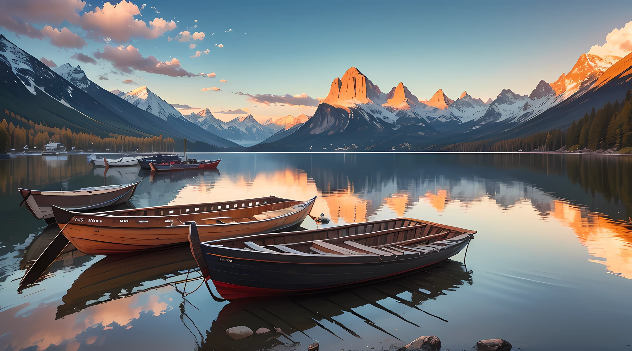 Lakeside with beautiful mountain views, Wooden boats, Sunset