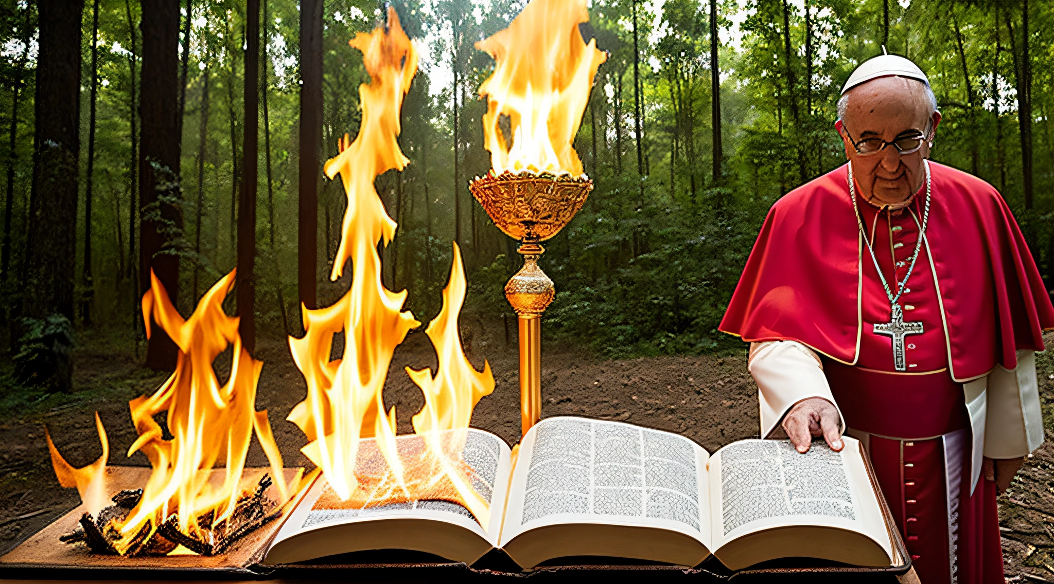 Catholic pope with a bible on fire, ao fundo uma fogueira em meio da floresta, --auto