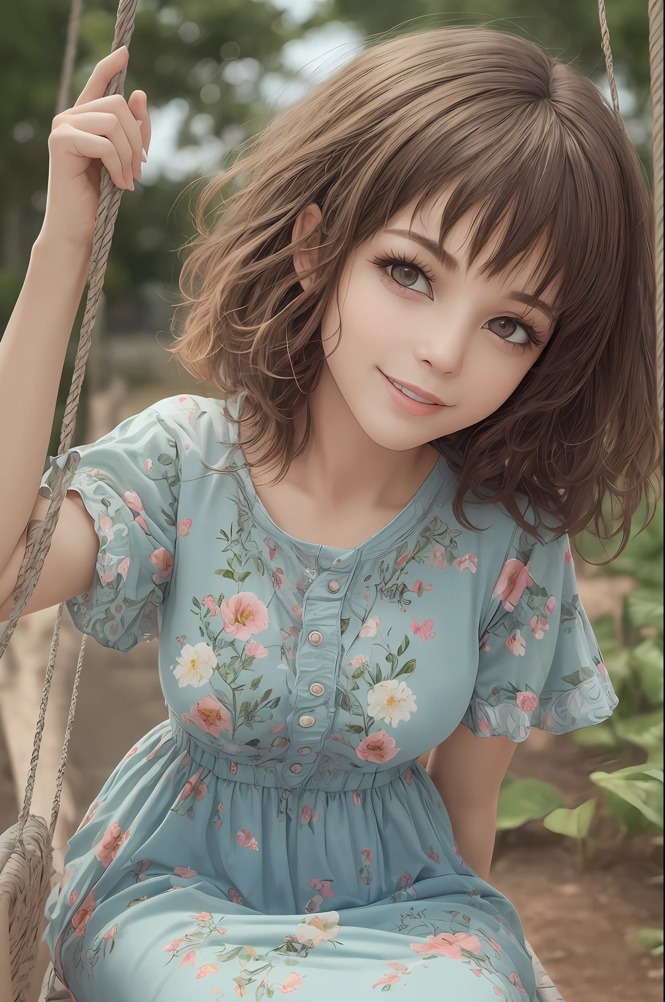 3D a girl is sitting on a swing, ((((solo))), criando um vestido suave, longo feminino, video animation, afro- futurista cabelo castanho, close-up detailed facial affections, liberdade, imagem de perfil, Standing confidently, she is the center of the garden, rosto sorridente, imagem de listagem, 8k, sonhos --auto --s2