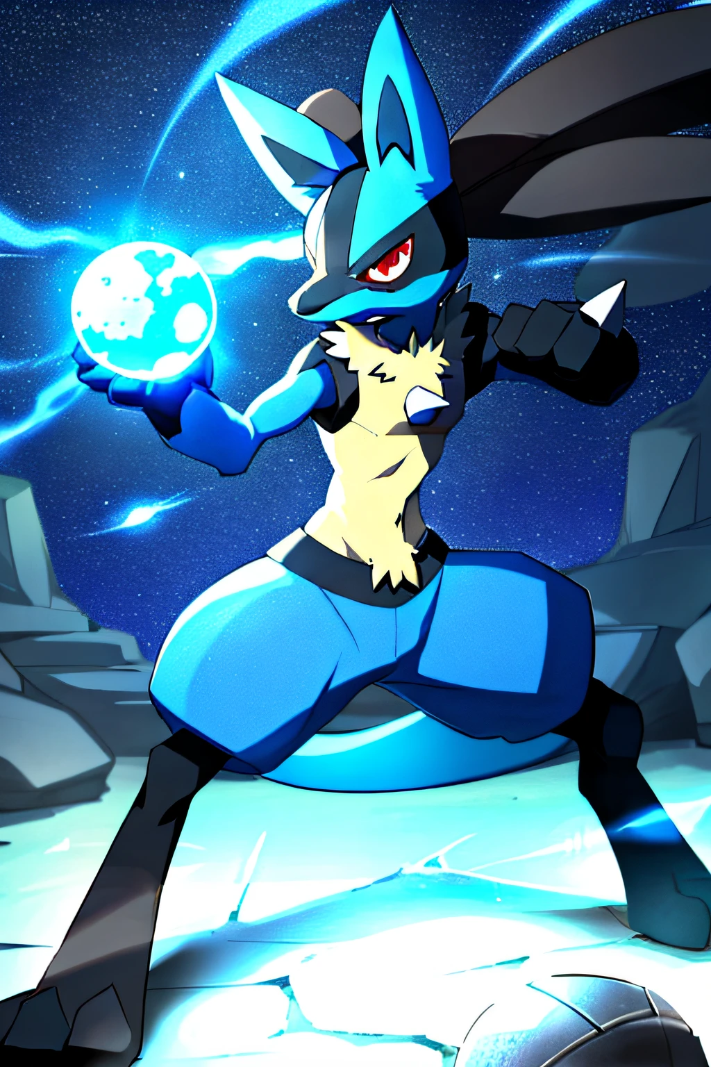 lucario, red eyes,  attack stance, casting a blue energy ball, detailed, professional lights, spikes, anime, centered, outside, cave,  blue fur, wolf, medium muzzle, ((sparks around body))