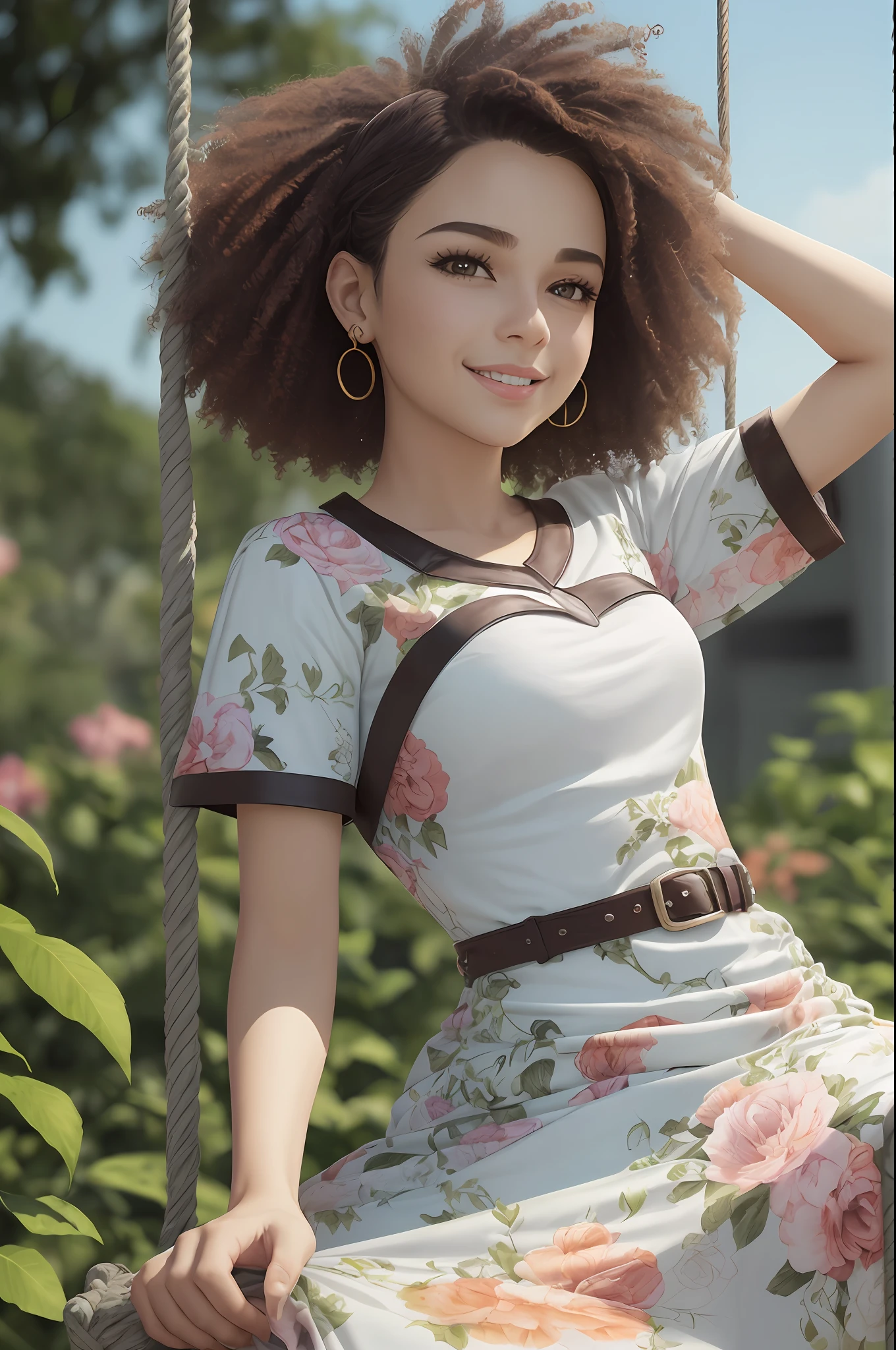 3D a girl is sitting on a swing, ((((solo))), criando um vestido suave, longo feminino, video animation, menina afro- futurista cabelo castanho, close-up detailed facial affections, liberdade, imagem de perfil, Standing confidently, she is the center of the garden, rosto sorridente, imagem de listagem, 8k, sonhos --auto --s2