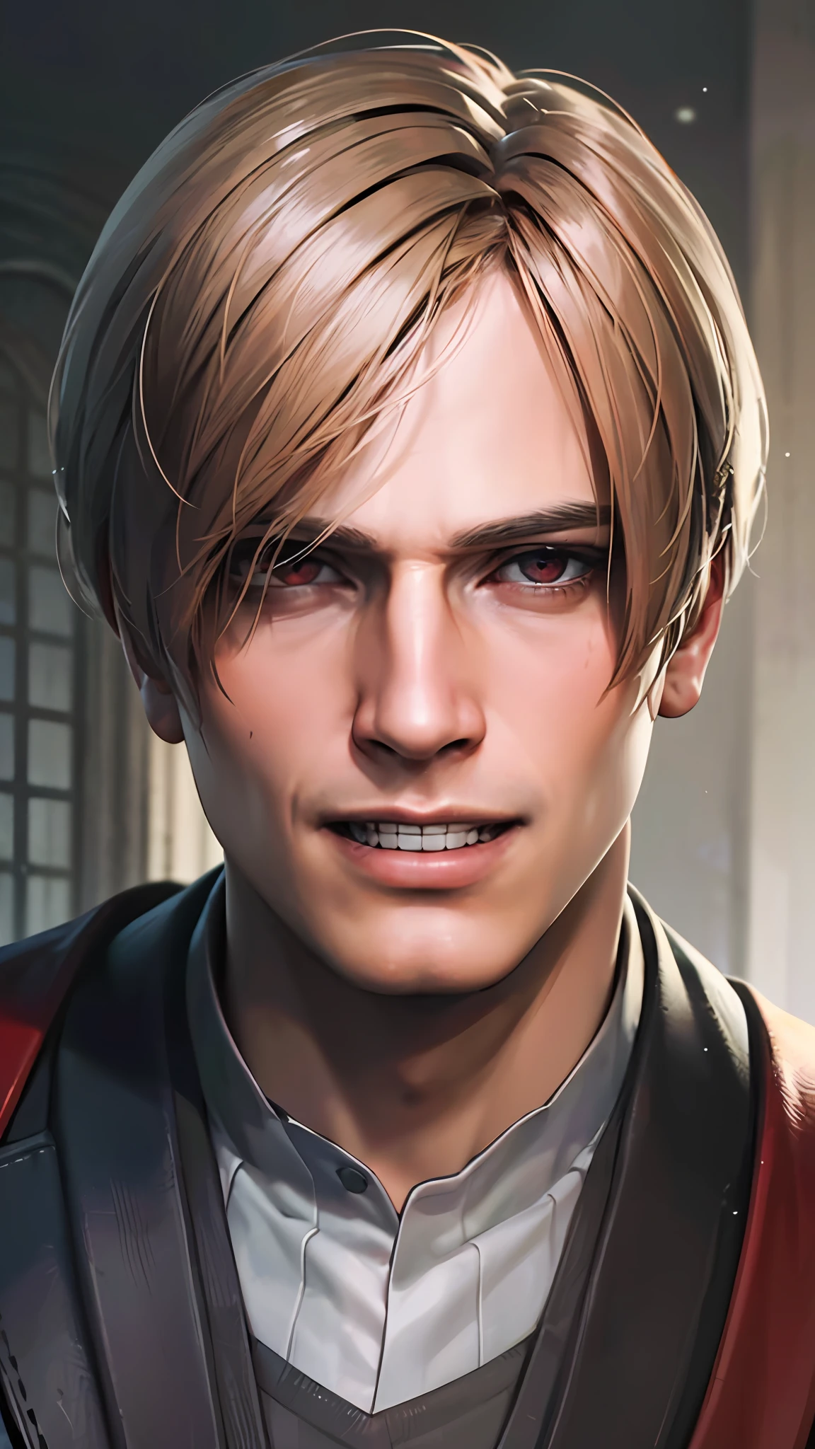 An unrecognized masterpiece of photography, a very beautiful unusual photorealistic man, 8K portrait, huge resolution. Photorealistic, unusual skin color, beautiful smile, charismatic facial expression, sparkling teeth, red eyes, the villain from Harry Potter. A very handsome man in an expensive suit. Hyperrealistic, photorealism. Portrait, very detailed face, detailed eyes. White hair, not long, detailed strands. Photorealism. Evil movie character. Realistic evil. Beautiful and handsome.