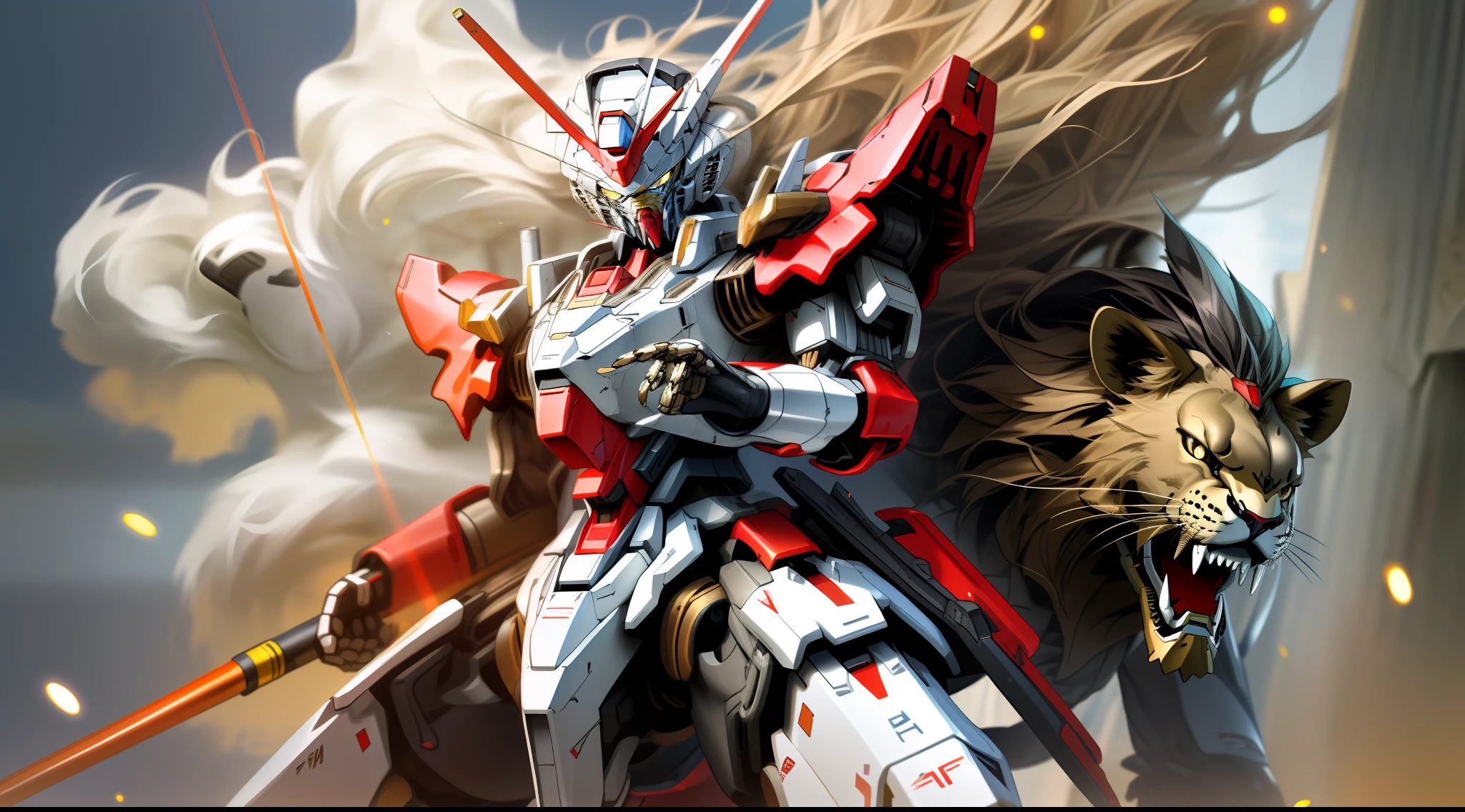 (best quality, detailed CG),red and white armor,Gundam robots,battle-ready posture,lion background, mecha lion, realistic, ultra detailed