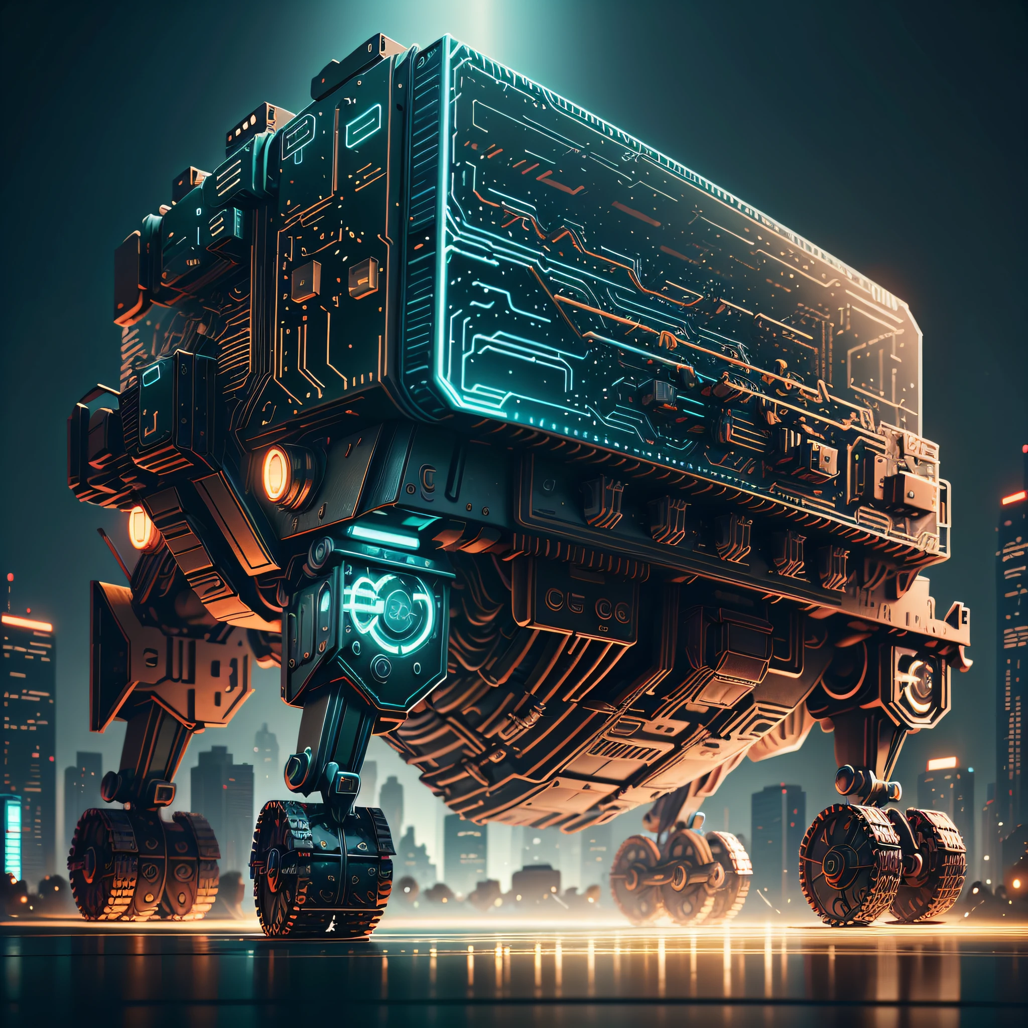 Future robot horse with wagon modern machine cover and glass,luz Led vermelho em 2070 cyberpunk na cidade de nova york nos estados unidos,fantasia,octane render,maxon cinema 4D, Adobe Substance 3D Painter,ilustrador estilo HQ, --auto