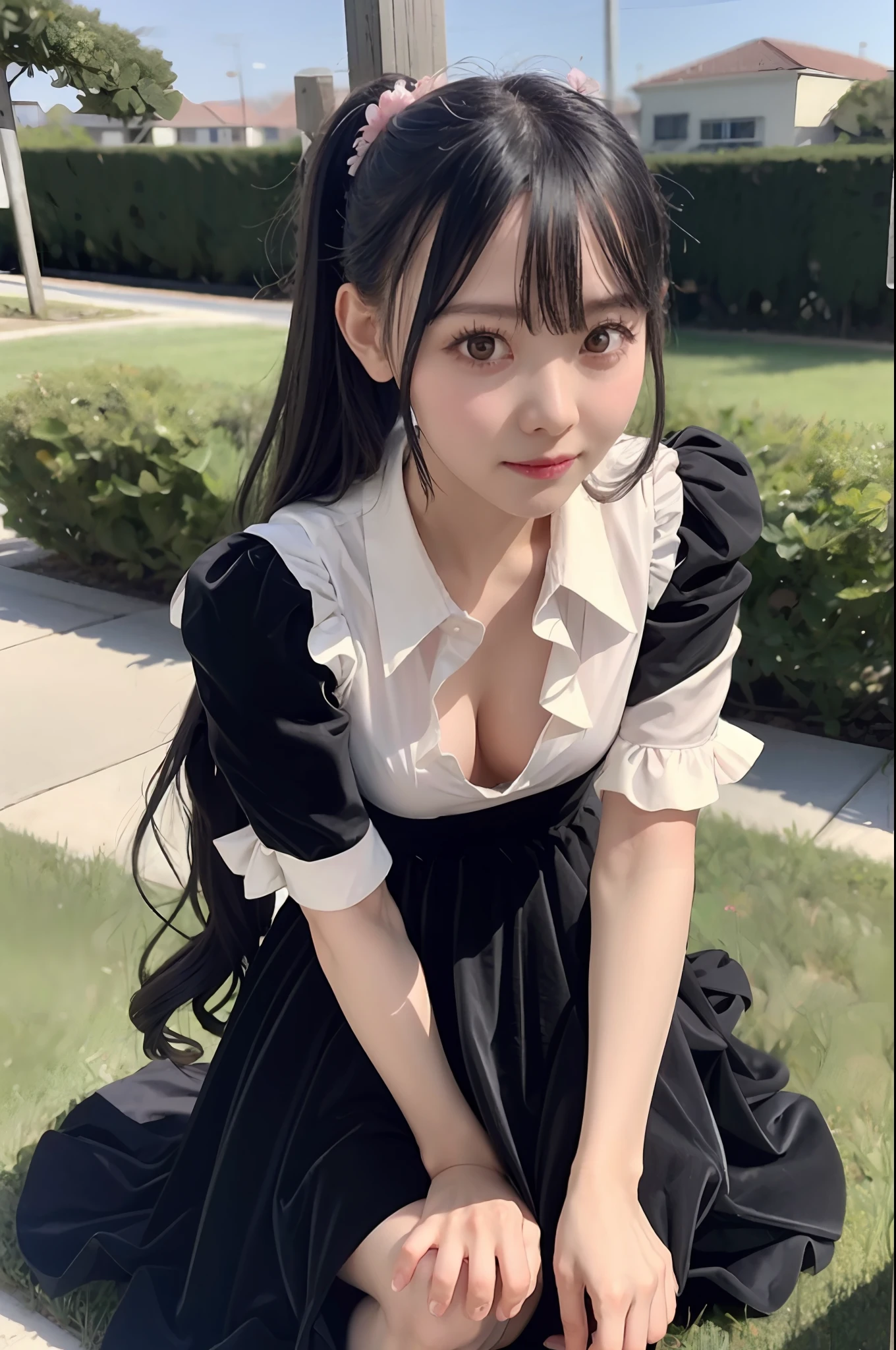 momona in a black dress with long black hair and with a white shirt and pink flower, (8k), (best quality), (masterpiece:1.2), (realistic), (photorealistic:1.37), full body,down blouse