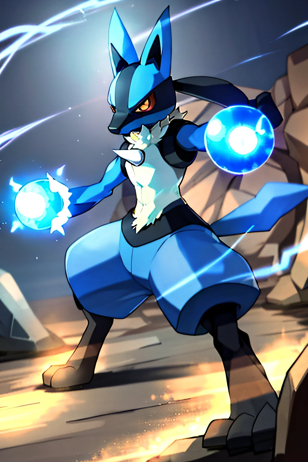 lucario, red eyes,  attack stance, casting a blue energy ball, detailed, professional lights, spikes, anime, centered, outside, cave,  blue fur, wolf, medium muzzle, ((sparks around body))