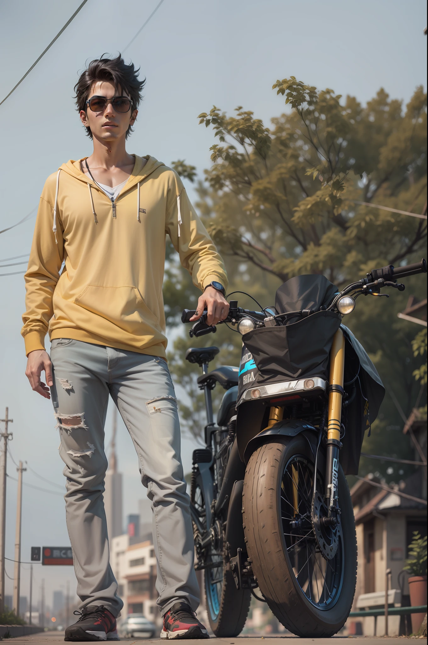 Background change cyberpunk natural boy with brand bikeultra modem realistic face