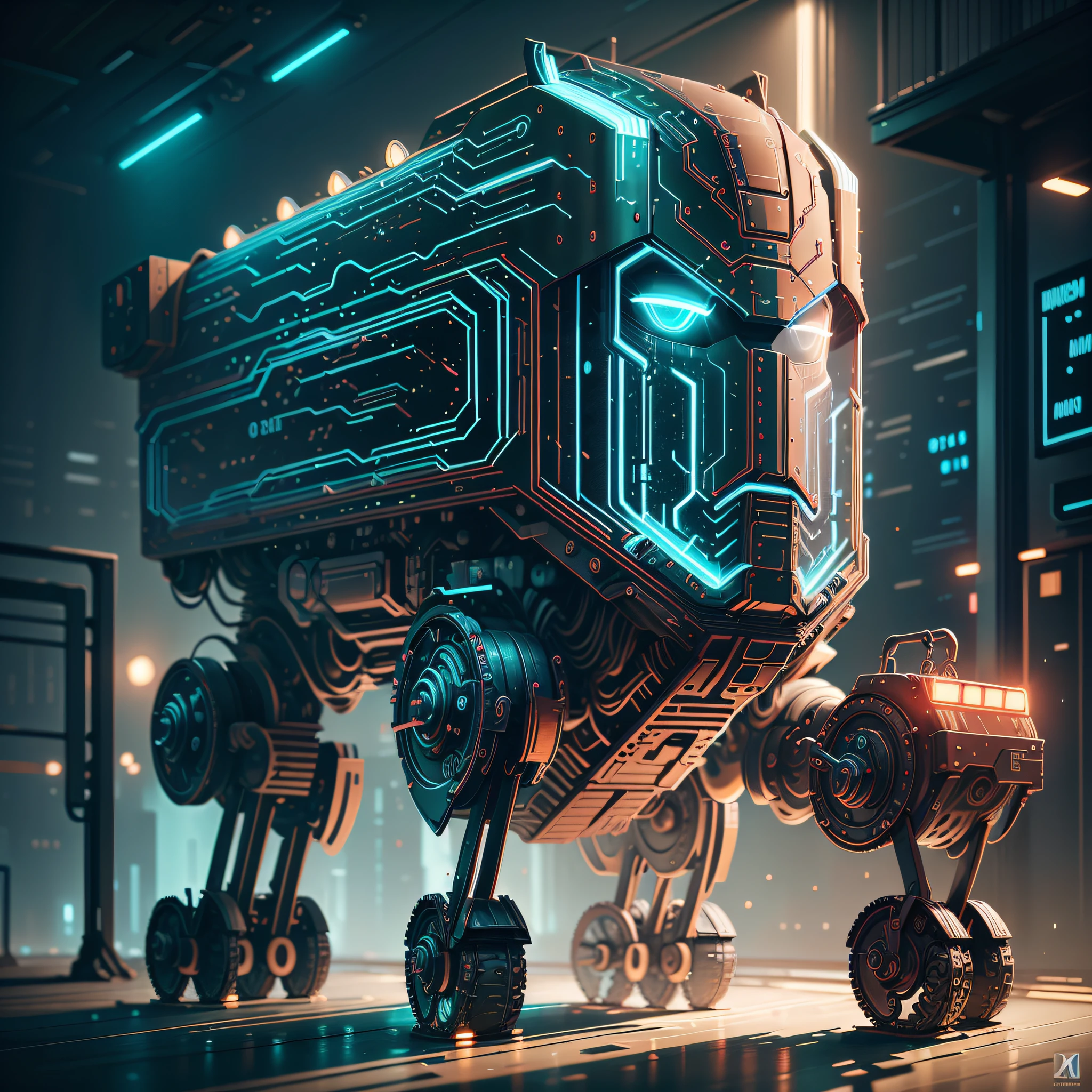 Future robot horse with wagon modern machine cover and glass,luz Led vermelho em 2070 cyberpunk na cidade de nova york nos estados unidos,fantasia,octane render,maxon cinema 4D, Adobe Substance 3D Painter,ilustrador estilo HQ, --auto