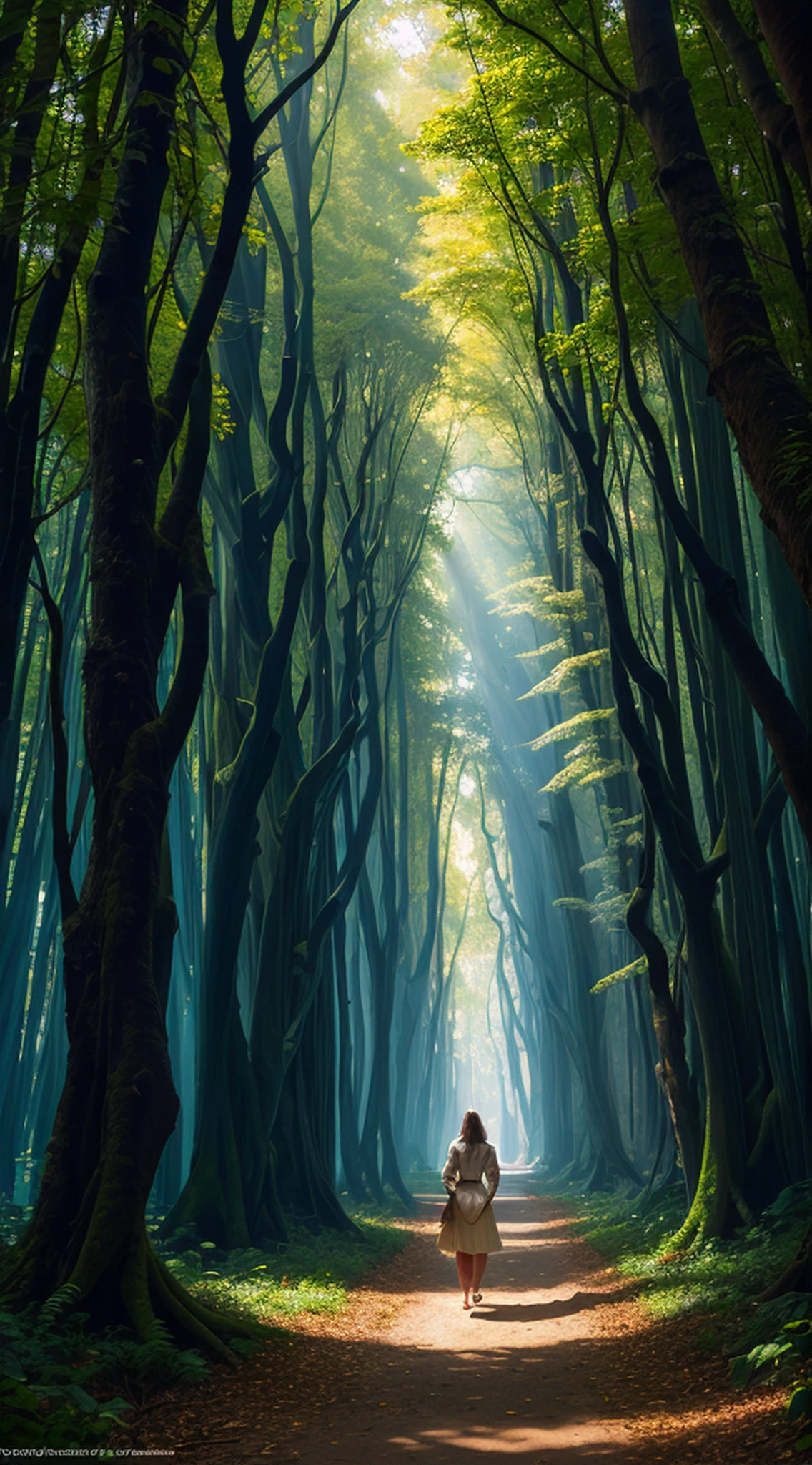A young woman walking away in a grove with sunlight among the trees, fantasia, lindo vestido antigo, raytracing, volumeric lighting, bela obra de arte, bela luz, perfect compositio, adobe illustrator, digital art, pintura digital, cores pasteis, oil paint, 8k, alta resolução, alta qualidade, soft colors, fantasy, magical, symmetr, corpo perfeito, bela anatomia, anatomia perfeita, 8k, 4k, uhd, hdr, corel draw, professional art.