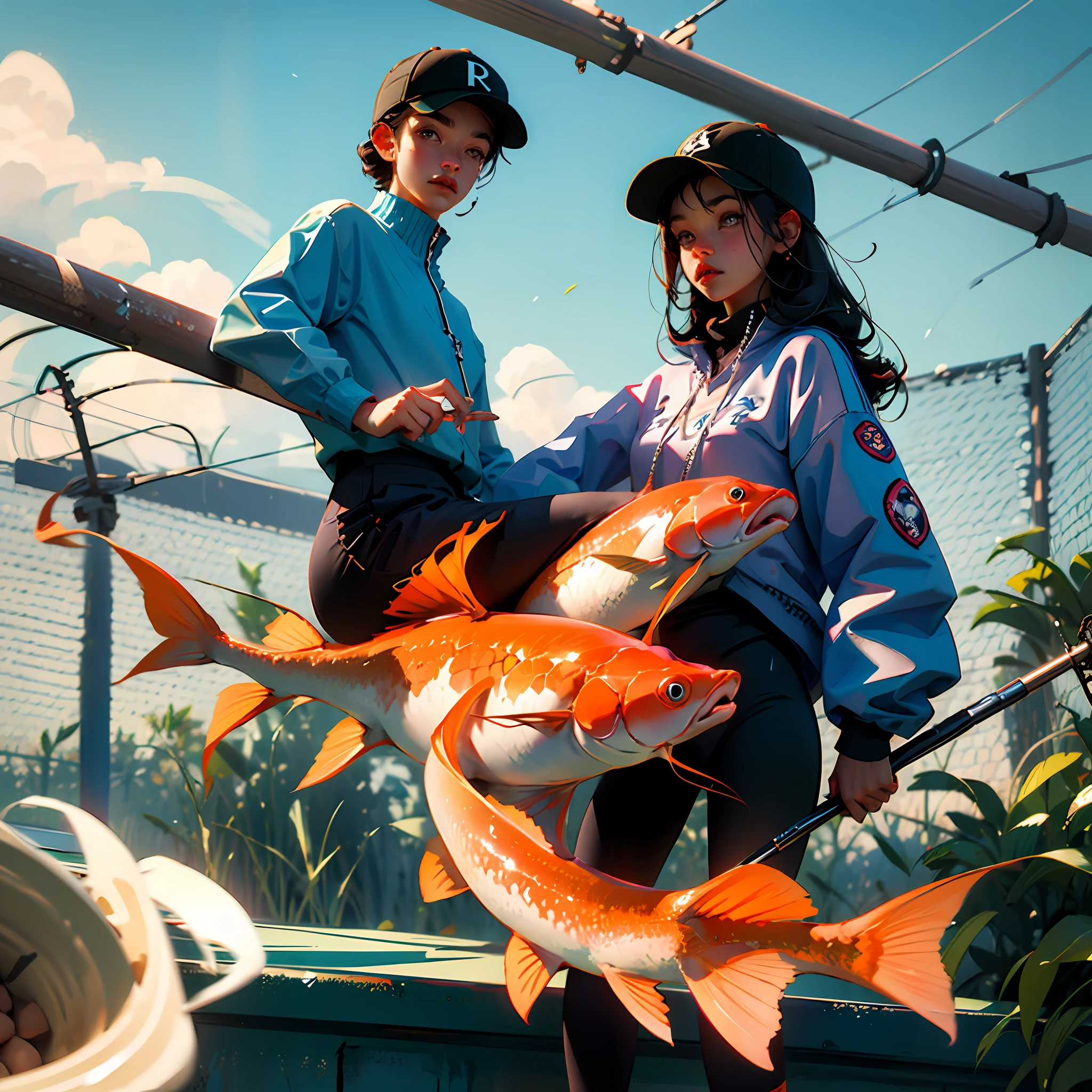 Wear yoga clothing,legs long,Big chest,long whitr hair,With baseball cap,Butt up,fishing pole,Large carp --auto