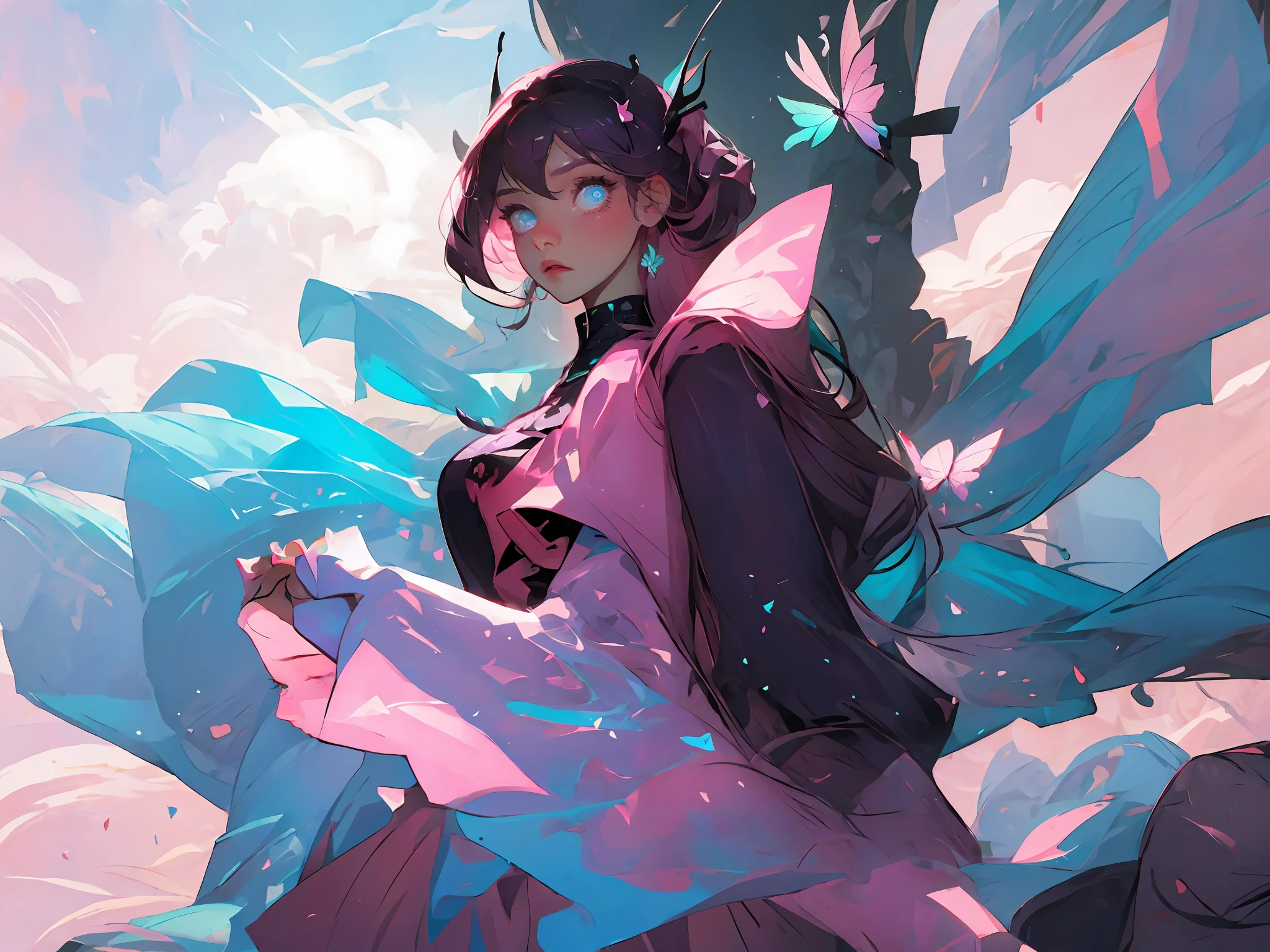((masterpiece)),(((best quality))),illustration,1 girl,long hair,hair on eyes, colorfull hair,beautiful eyes,environment Scene change, pose too, pink color palette, neon colors, female butterfly, butterfly antennae, holds a crosier, charturnbetalora, 8k,16k