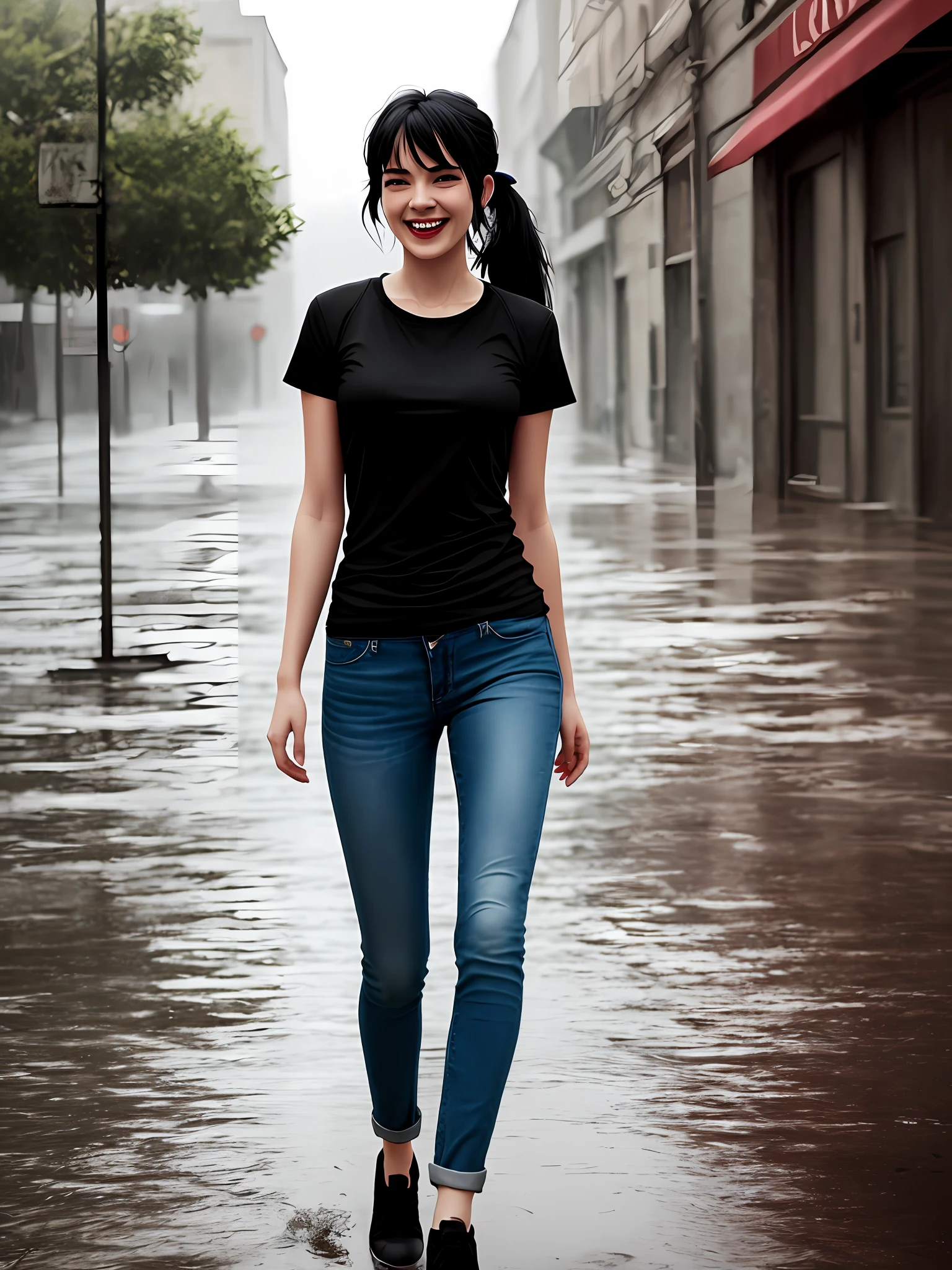 a young woman, in black round neck plain Tee-shirt, full length tee-shirt, tight jeans, street, laughing, black hair ponytails, (hdr:1.3), (muted colors:1.2), dramatic, complex background, cinematic, filmic, (rutkowski, artstation:0.8), soaking wet, rainy environment