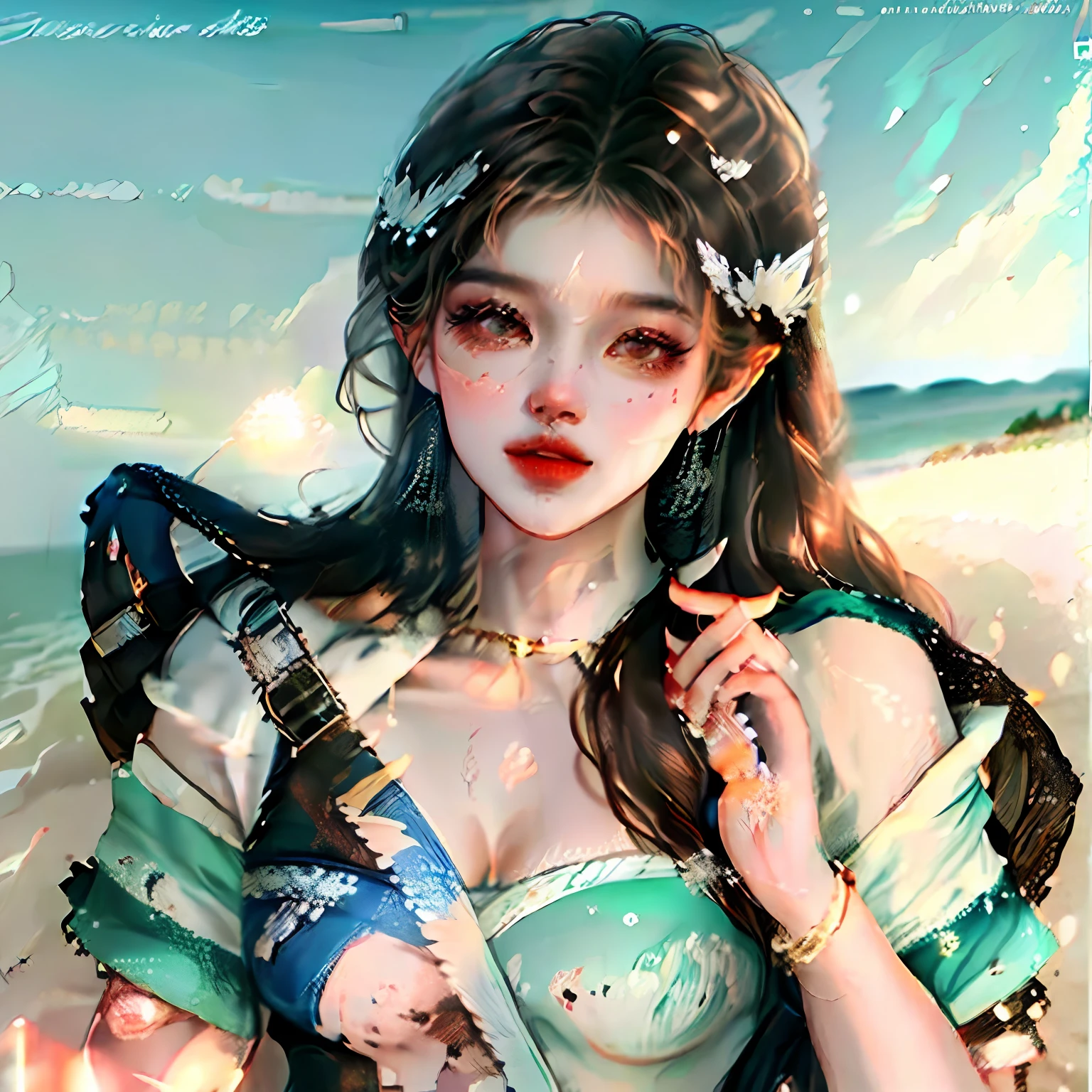 Beautuful Women,比基尼,sandbeach,baiyun,blue-sky,Brown hair long,k hd --auto