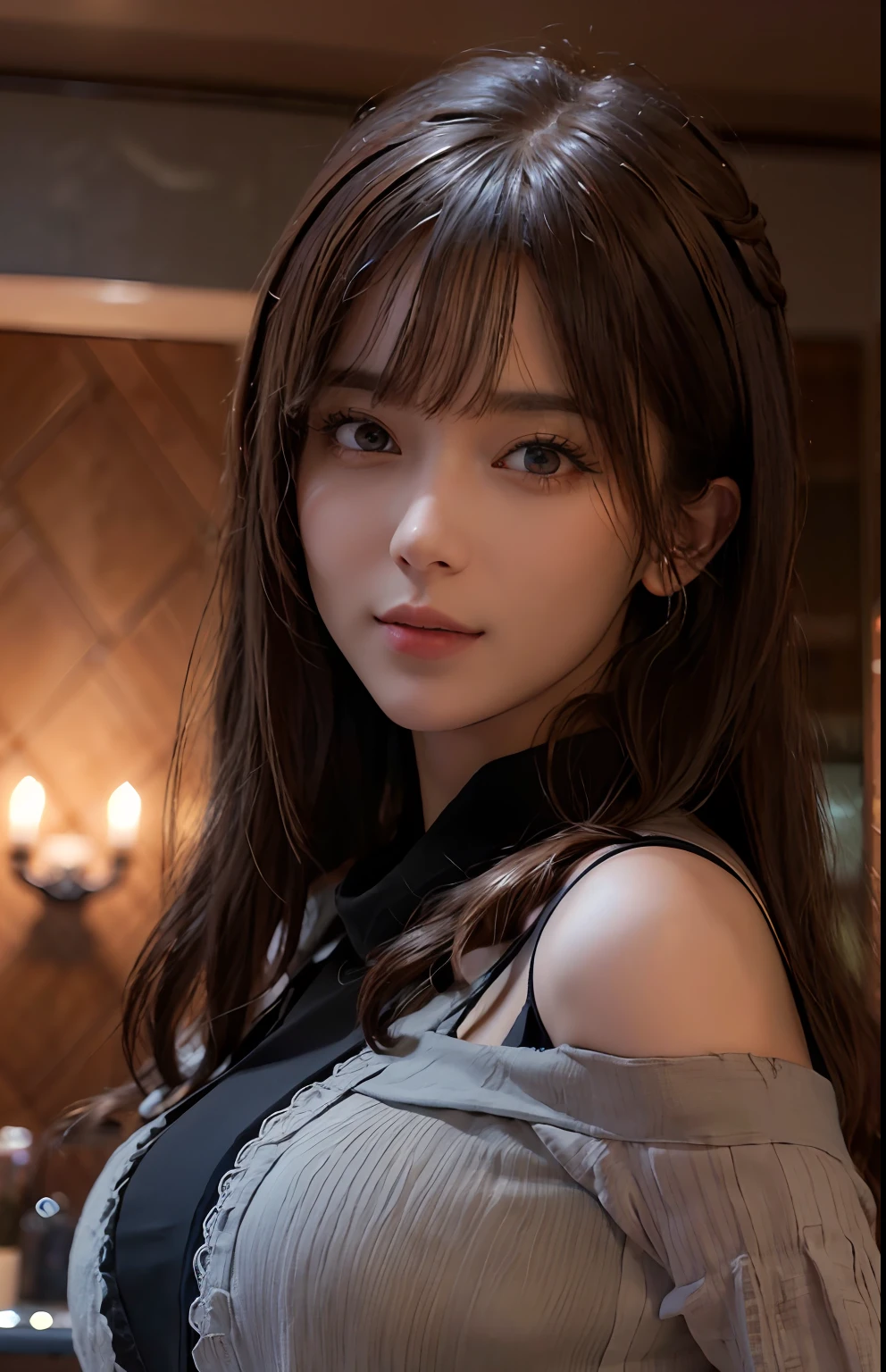(Ultra Realistic), (Illustration), (High Resolution), (8K), (Very Detailed), (Best Illustration), (Beautiful and Detailed Eyes), (Best Quality), (Ultra Detailed), (Masterpiece), (Wallpaper), (Detailed Face), Solo, One Girl, Viewer, Fine Detail, Detailed Face, Dark Bar Counter, In the Dark, Deep Shadows, Low Key, pureerosfaceace_v1, Smile, Long Hair, Dark blonde shawl straight hair, bangs