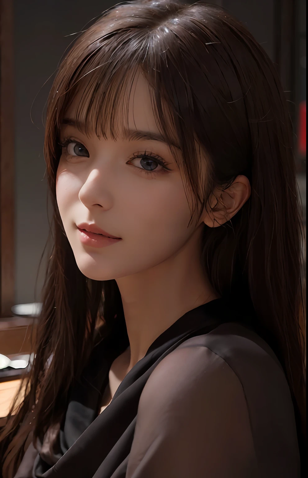 (Ultra Realistic), (Illustration), (High Resolution), (8K), (Very Detailed), (Best Illustration), (Beautiful and Detailed Eyes), (Best Quality), (Ultra Detailed), (Masterpiece), (Wallpaper), (Detailed Face), Solo, One Girl, Viewer, Fine Detail, Detailed Face, Dark Bar Counter, In the Dark, Deep Shadows, Low Key, pureerosfaceace_v1, Smile, Long Hair, Dark blonde shawl straight hair, bangs