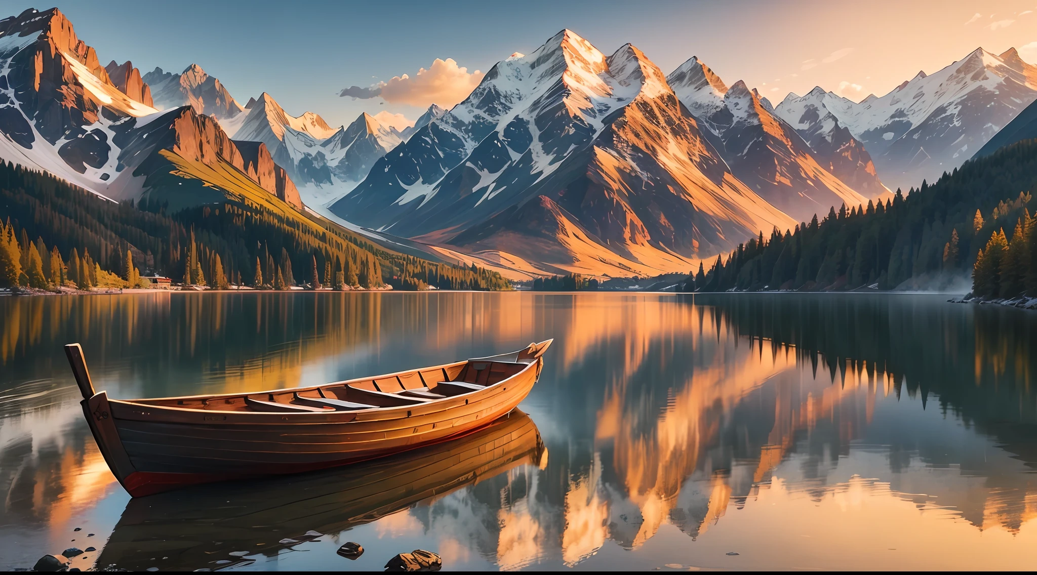 (best quality) A lakeside scene with a gorgeous mountain scenery, featuring a wooden boat at sunset with a good composition.