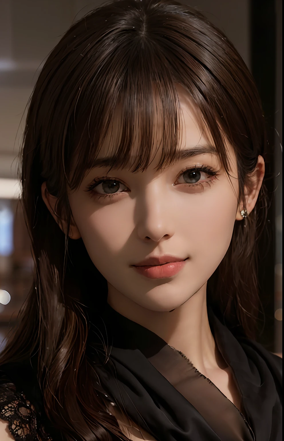 (Ultra Realistic), (Illustration), (High Resolution), (8K), (Very Detailed), (Best Illustration), (Beautiful and Detailed Eyes), (Best Quality), (Ultra Detailed), (Masterpiece), (Wallpaper), (Detailed Face), Solo, One Girl, Viewer, Fine Detail, Detailed Face, Dark Bar Counter, In the Dark, Deep Shadows, Low Key, pureerosfaceace_v1, Smile, Long Hair, Dark blonde shawl straight hair, bangs