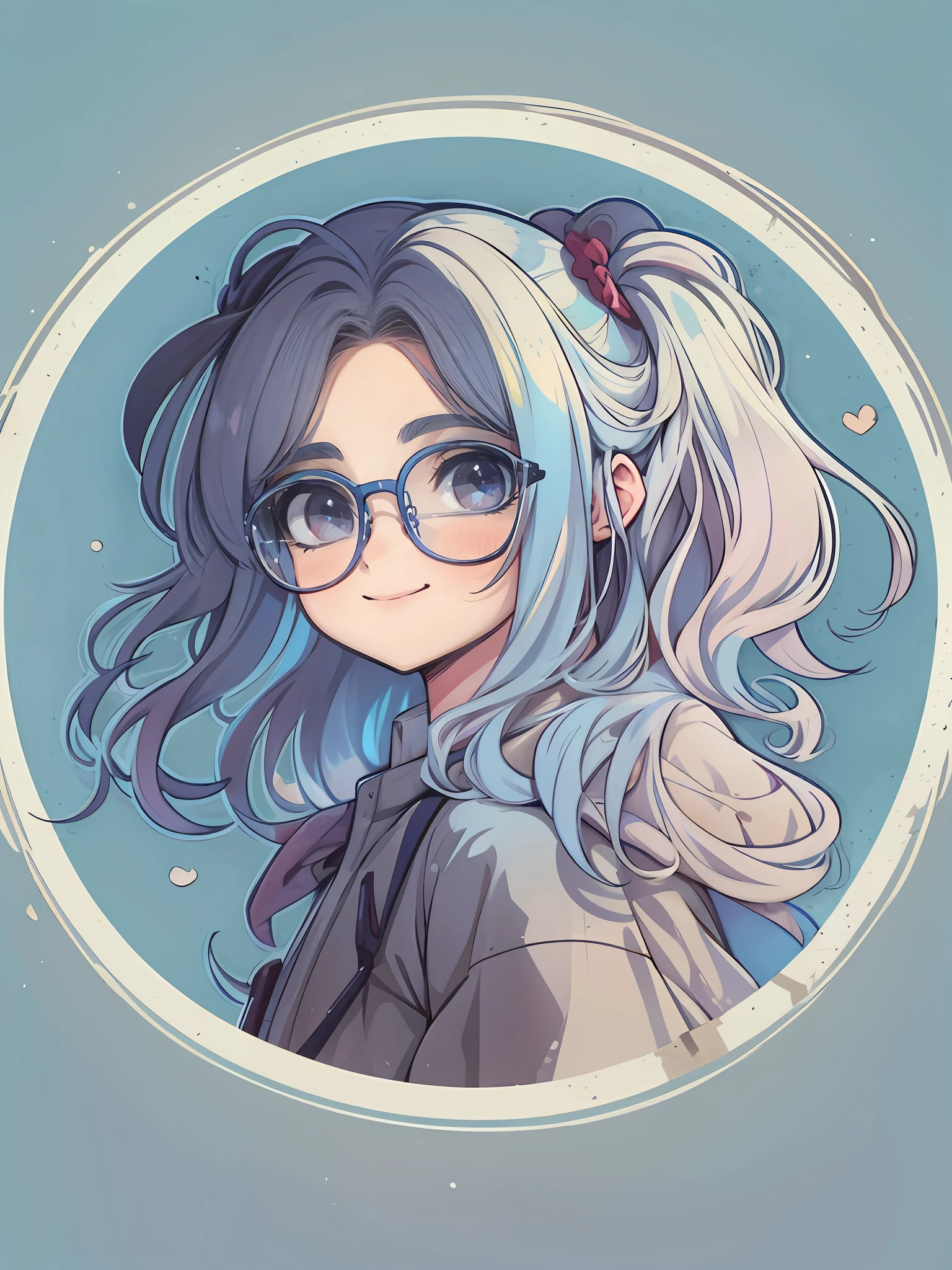 (smiling, cute anime face:1.3, sparkling purple eyes:1.2, glasses:0.8)