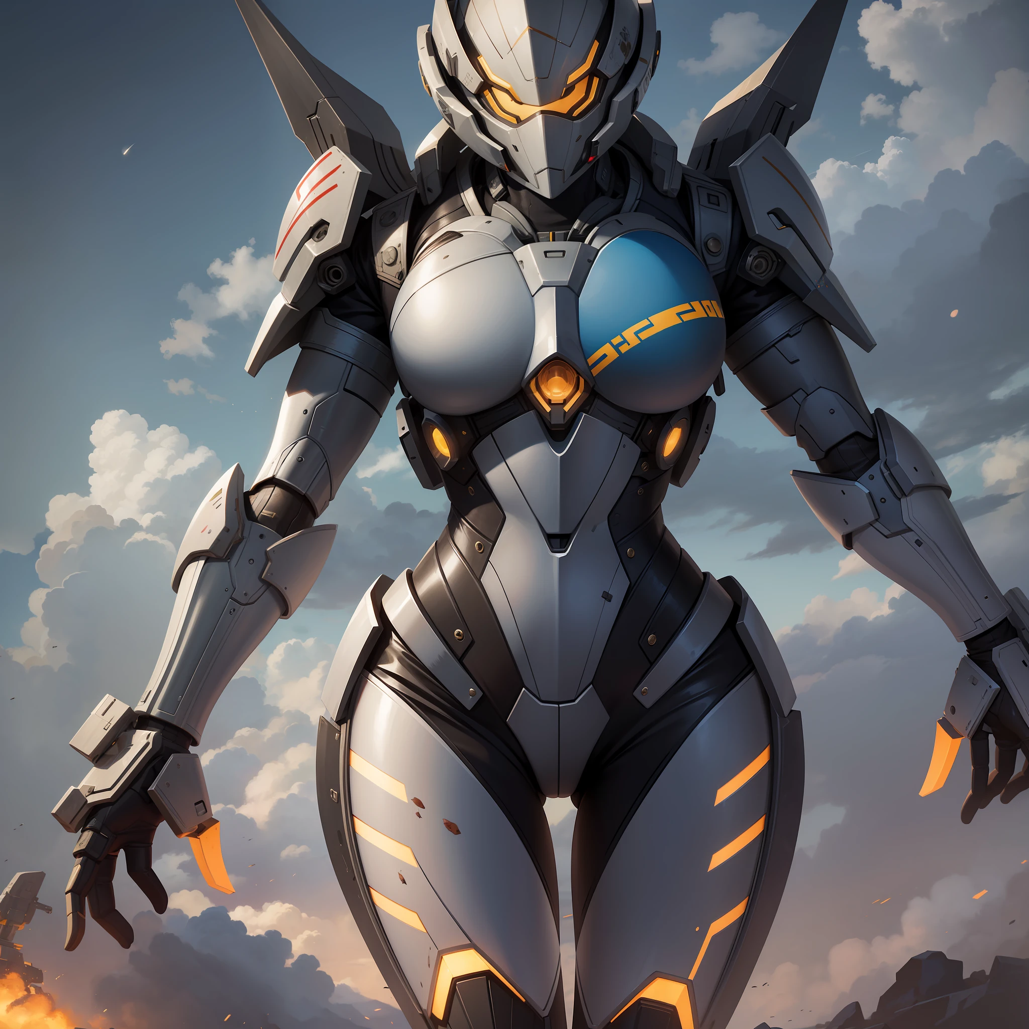 Marine space, Martelo 40,000, mundo em guerra, linda mulher cyberpunk com armadura mecha master chef halo muito detalhado, Mecha Warframe, cores vibrantes, vermelho, Branco, azul, verde, metallic yellow, enferrujada, Usado, sujo de sangue, with sky with clouds and full moon and battleships, corpo inteiro com armadura detalhada, campo de batalha sangrento,