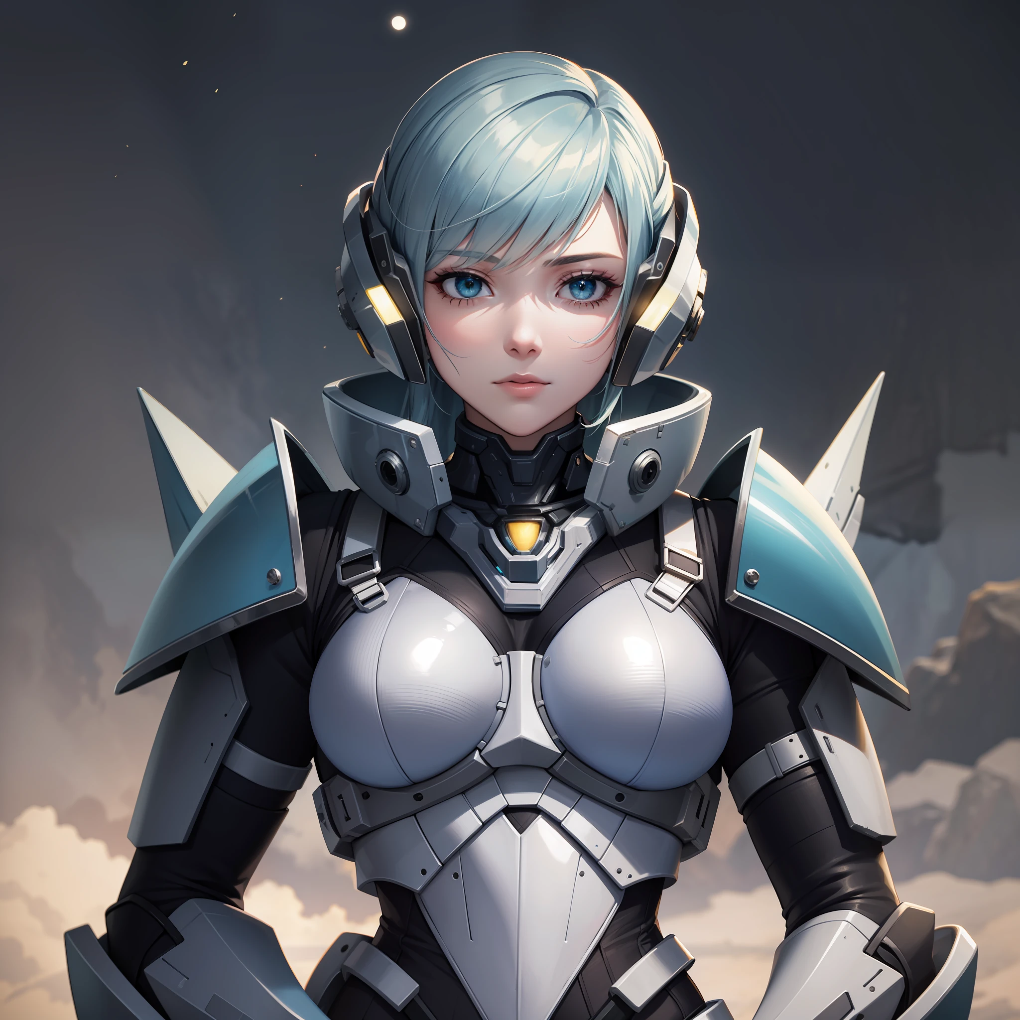 Marine space, Martelo 40,000, mundo em guerra, linda mulher cyberpunk com armadura mecha master chef halo muito detalhado, Mecha Warframe, cores vibrantes, vermelho, Branco, azul, verde, metallic yellow, enferrujada, Usado, sujo de sangue, with sky with clouds and full moon and battleships, corpo inteiro com armadura detalhada, campo de batalha sangrento,