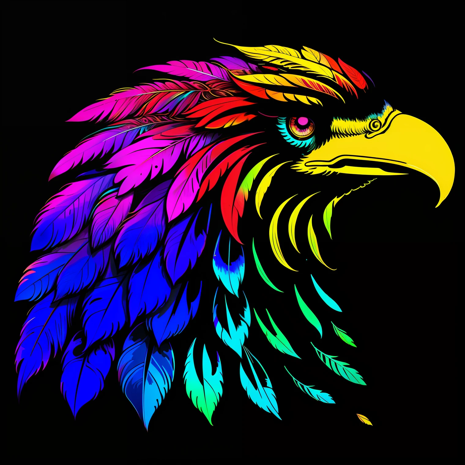 Colorful feathers on black background，colorful feather，Feather ornament，super detailed color art，rainbow gradient bloom，A colorful and intricate masterpiece，Detailed art in color，An intricate color masterpiece，super detailed color art，Psychedelic art style，Complex color，Gorgeous feather design，vibrant, High contrast shadows，Colorful vector art、（1bird、aigle）