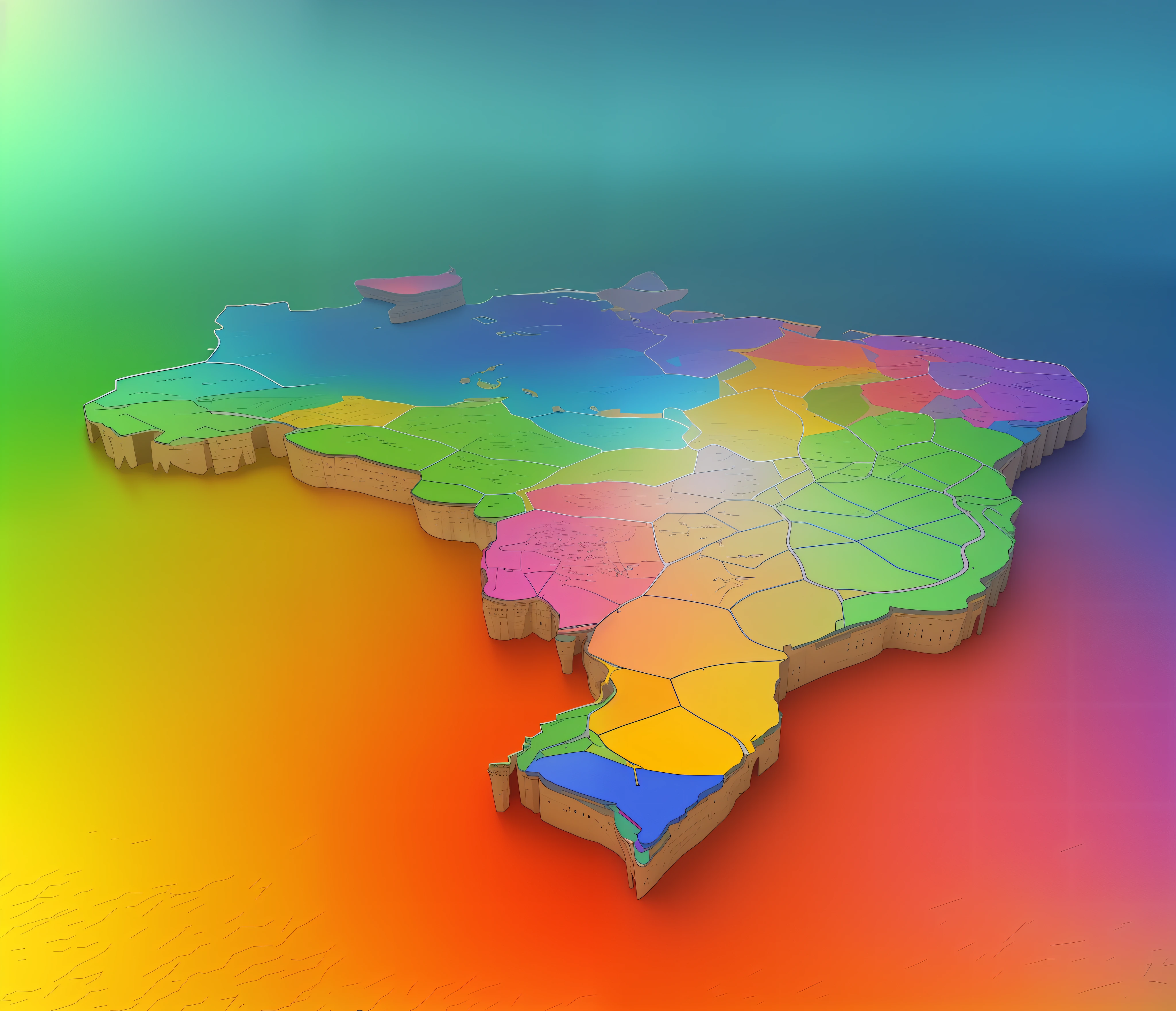 a close up of a map of brazil with a rainbow of colors, Um mapa 3D requintado, rachaduras brilhantes, sao paulo in the year 2 0 7 0, Brasil, description, sao paulo, isometric 8k, isometric map, São Paulo, renderizado em Arnold, imagem renderizada, 3840x2160