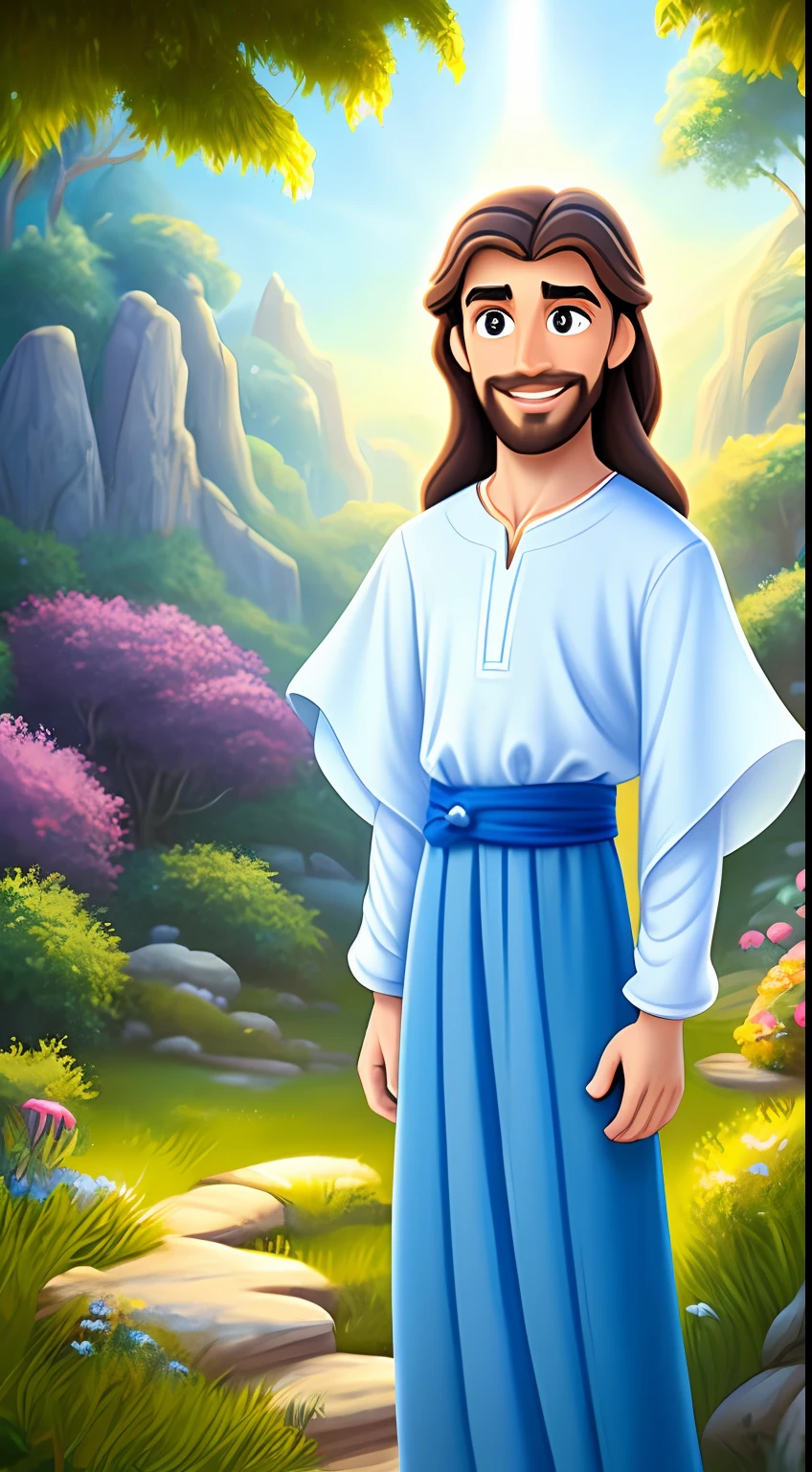 Original art quality, full body picture, Disney character animation style, young and handsome Jesus God, standing posture, hands naturally placed on both sides, looking ahead, gentle expression and smiling, eyes full of light, background light blue, translucent, with light as the theme, the focus of light is on the characters, the overall picture is fresh and bright.