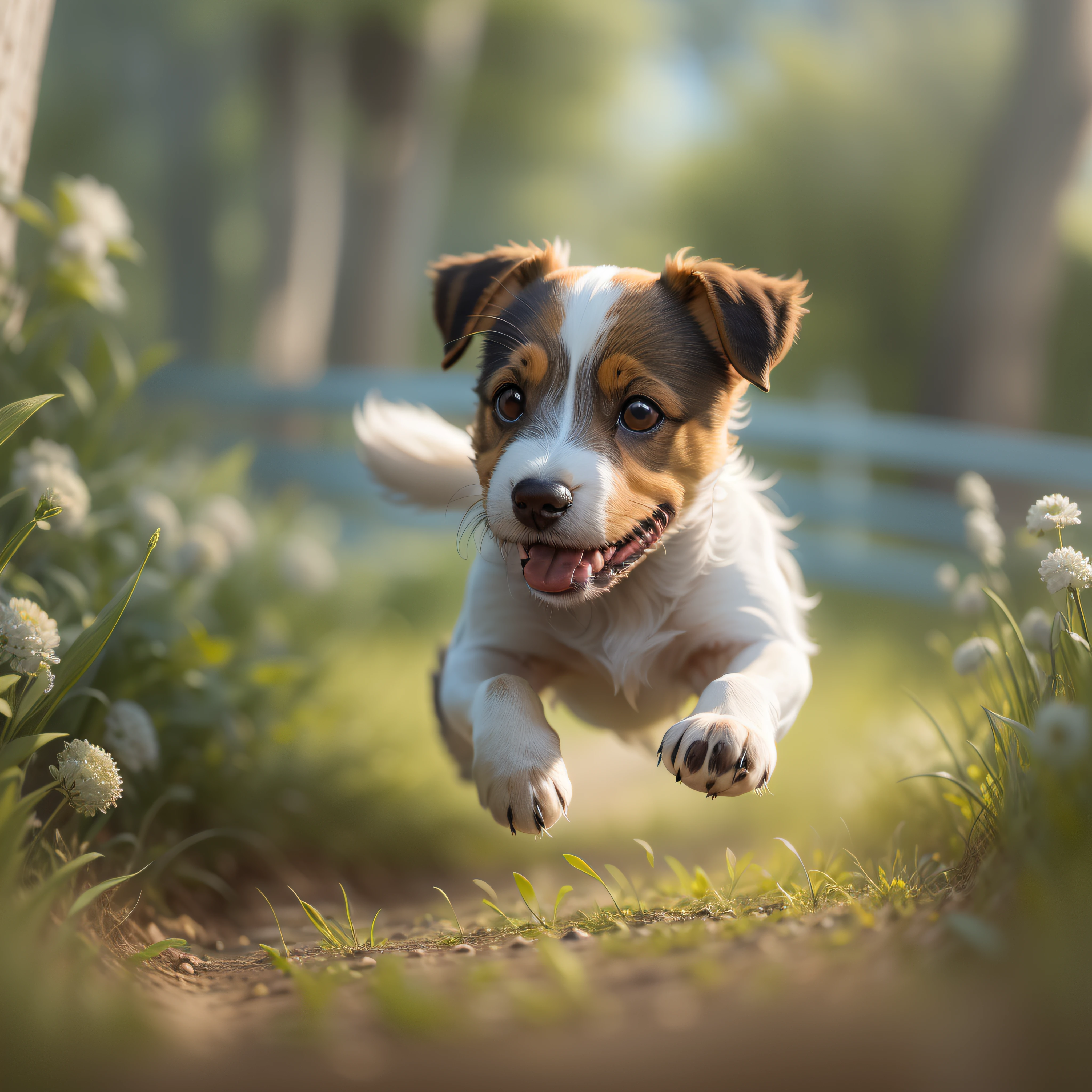 (masterpiece) cute jack russell terrier puppy, still very young and playful, running in a grassy yard. The image captures the movement and energy of the pup as he traverses the path. The resolution is high, ((high detail)) ((4k)), allowing you to appreciate every detail of his fluffy fur. Sunlight filters through the trees, creating faint rays of light that bring out the color of his fur. His little paws move quickly, kicking up little clouds of dust in his wake as he strides forward with joy and curiosity. 35mm lens, bokeh 2.4