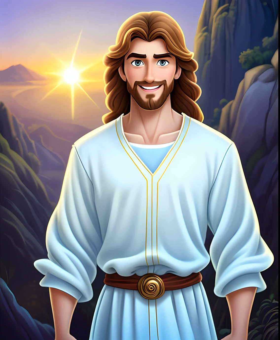 Original art quality, full body picture, Disney character animation style, young and handsome Jesus God, standing posture, hands naturally placed on both sides, looking ahead, gentle expression and smiling, eyes full of light, background light blue, translucent, with light as the theme, the focus of light is on the characters, the overall picture is fresh and bright.